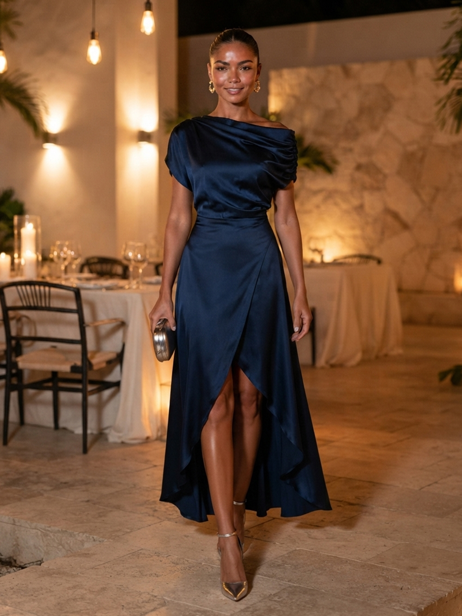 Navy Satin Draped Off‑Shoulder High‑Low Wrap Formal Evening Dress