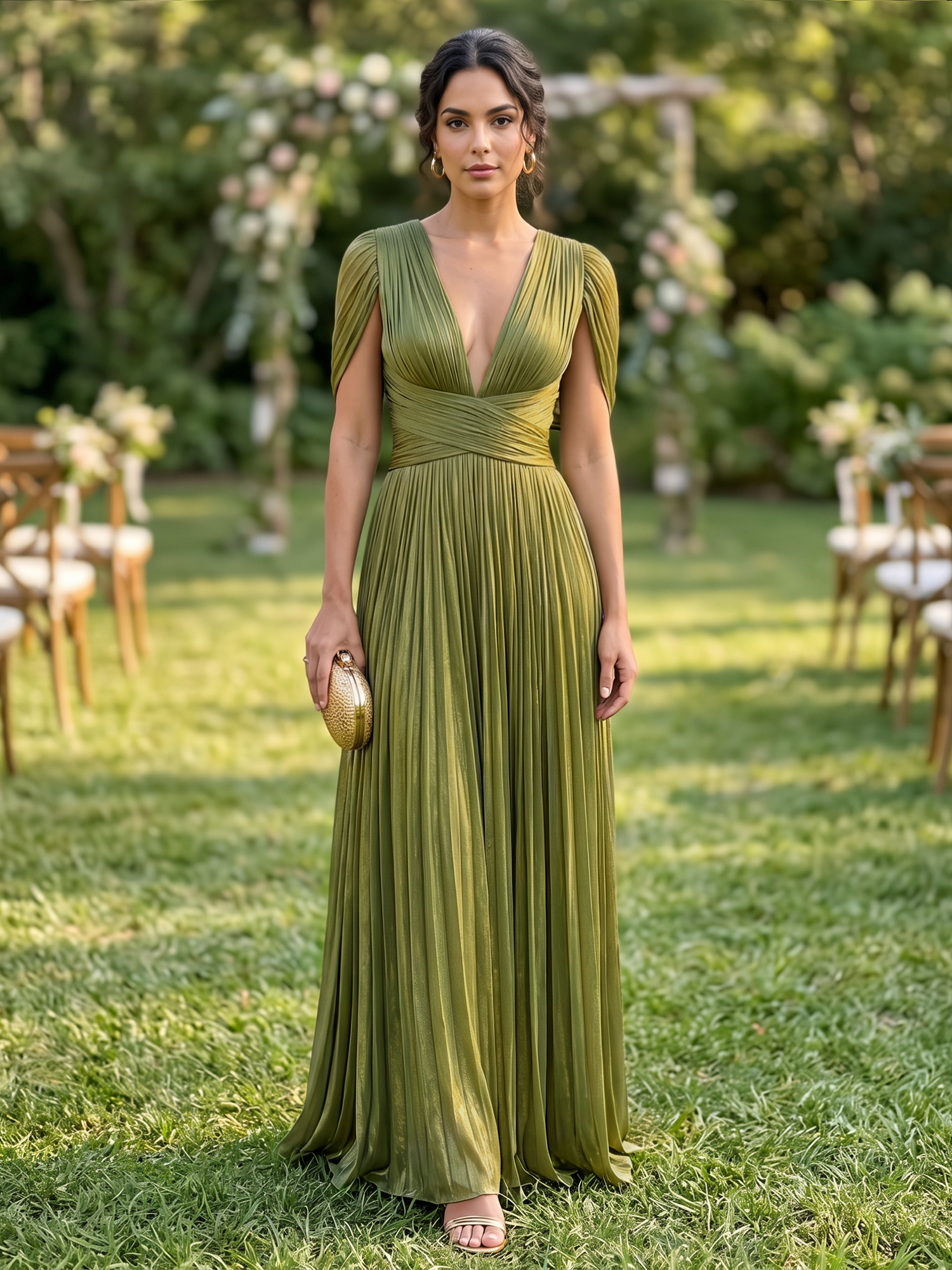 Olive Green Deep V‑Neck Pleated Cape Sleeve Floor‑Length Evening Gown