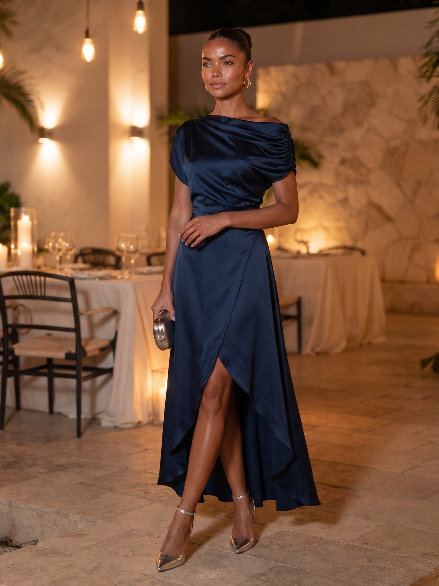 Navy Satin Draped Off‑Shoulder High‑Low Wrap Formal Evening Dress