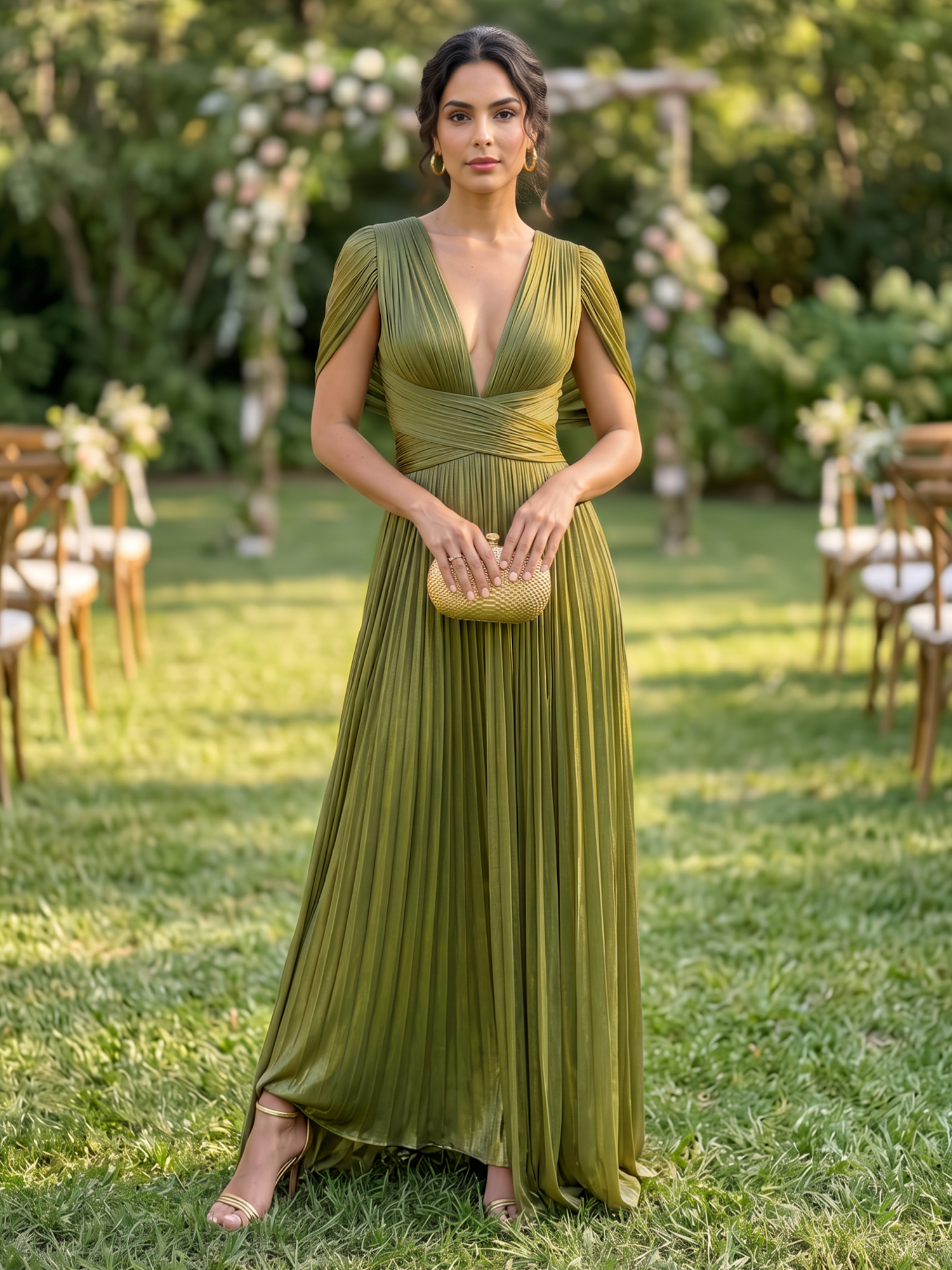 Olive Green Deep V‑Neck Pleated Cape Sleeve Floor‑Length Evening Gown