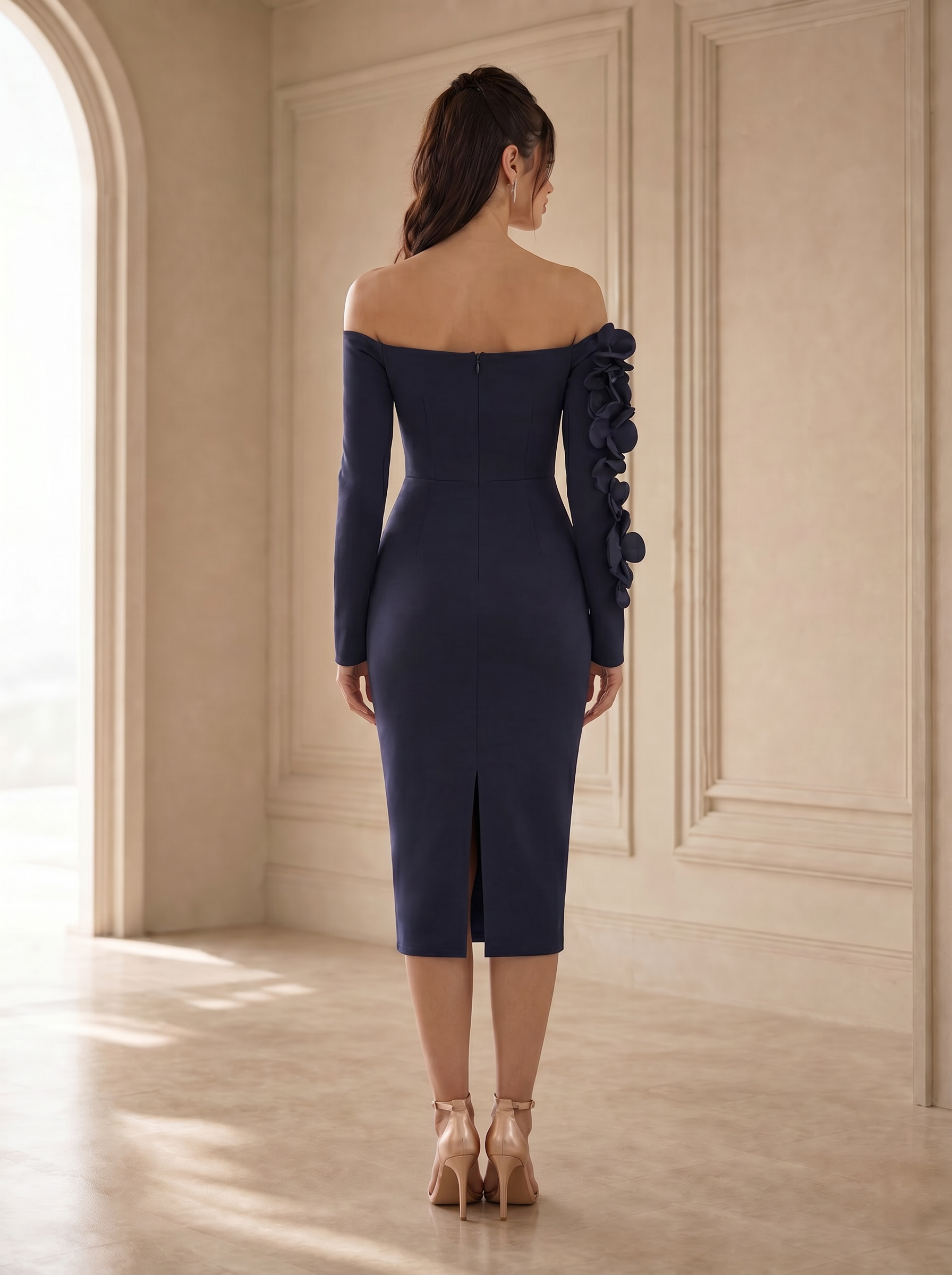 Off-the-Shoulder Navy Blue Crepe Evening Dresses with 3D Floral Applique Sleeve