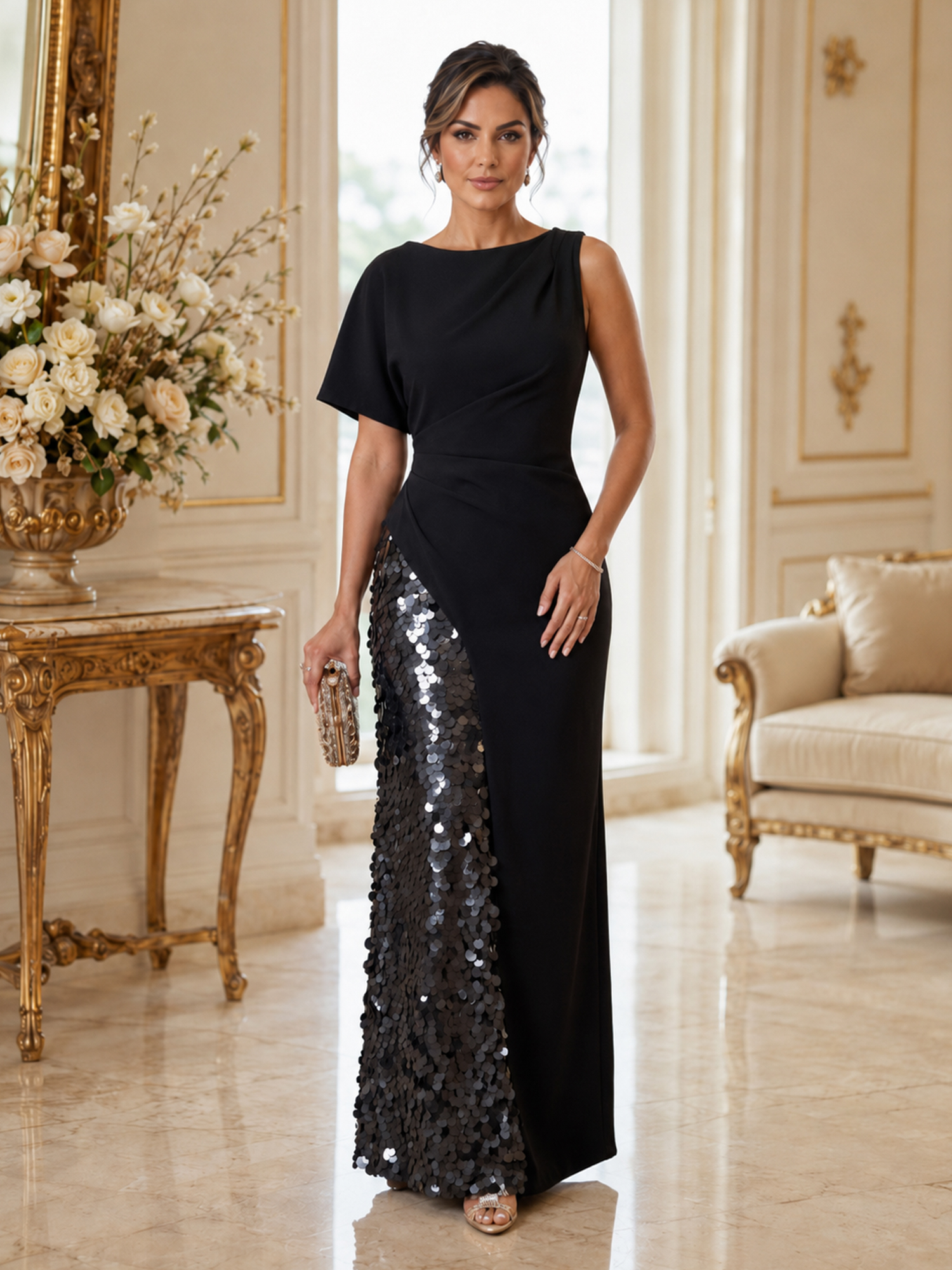 Black Bateau Neck Asymmetric Short Sleeve Sequin Panel Column Maxi Gown