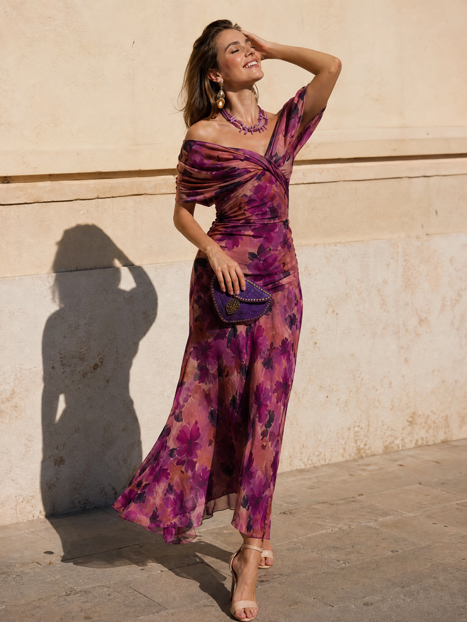 Off-the-Shoulder Pleated Floral Print Floor-Length Chiffon A-Line Gown