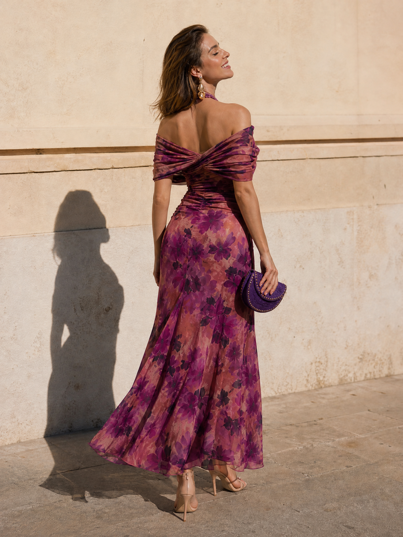 Off-the-Shoulder Pleated Floral Print Floor-Length Chiffon A-Line Gown