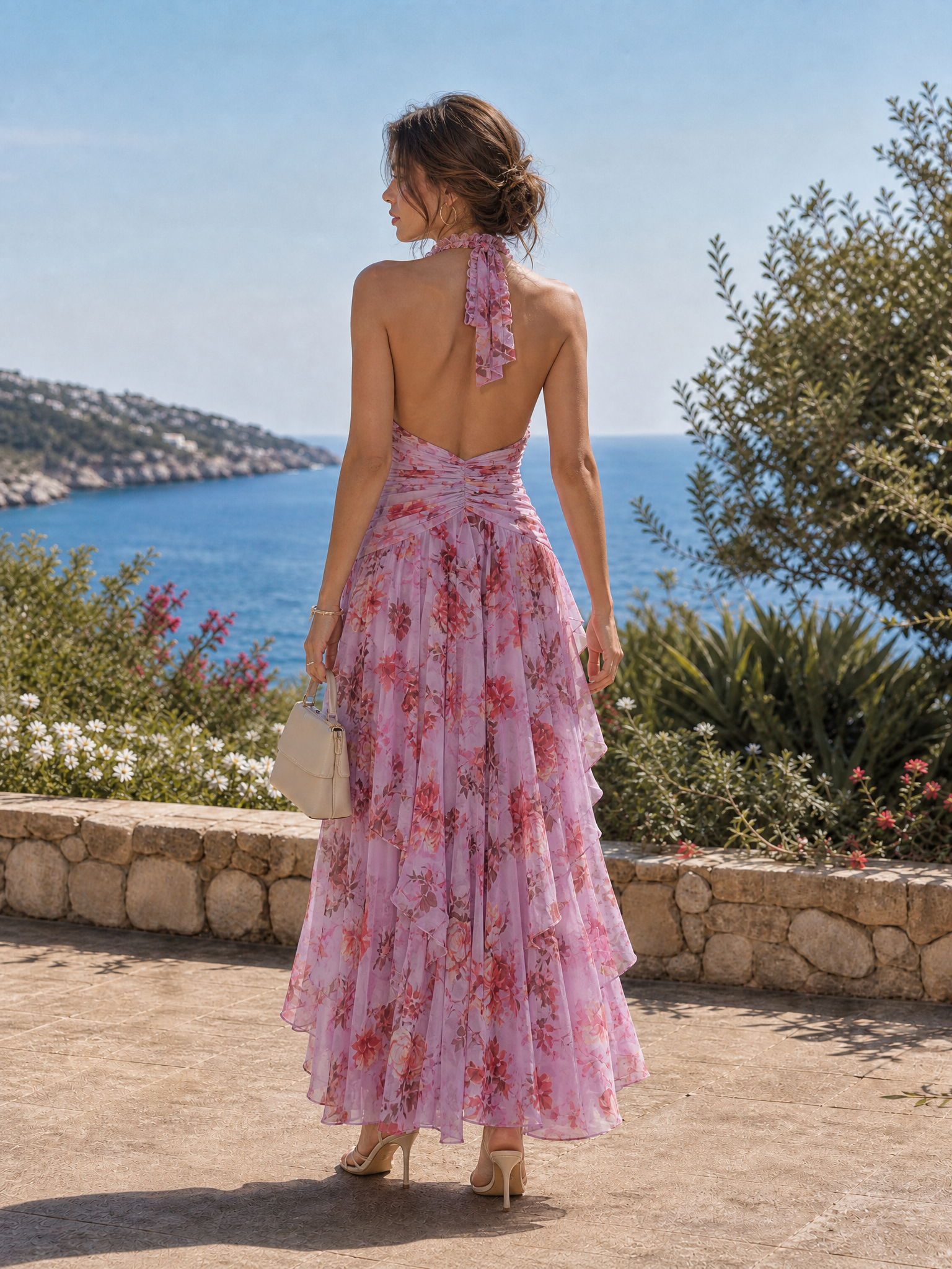 Halter Neck Ruffled Floral Print Floor-Length Chiffon A-Line Gown
