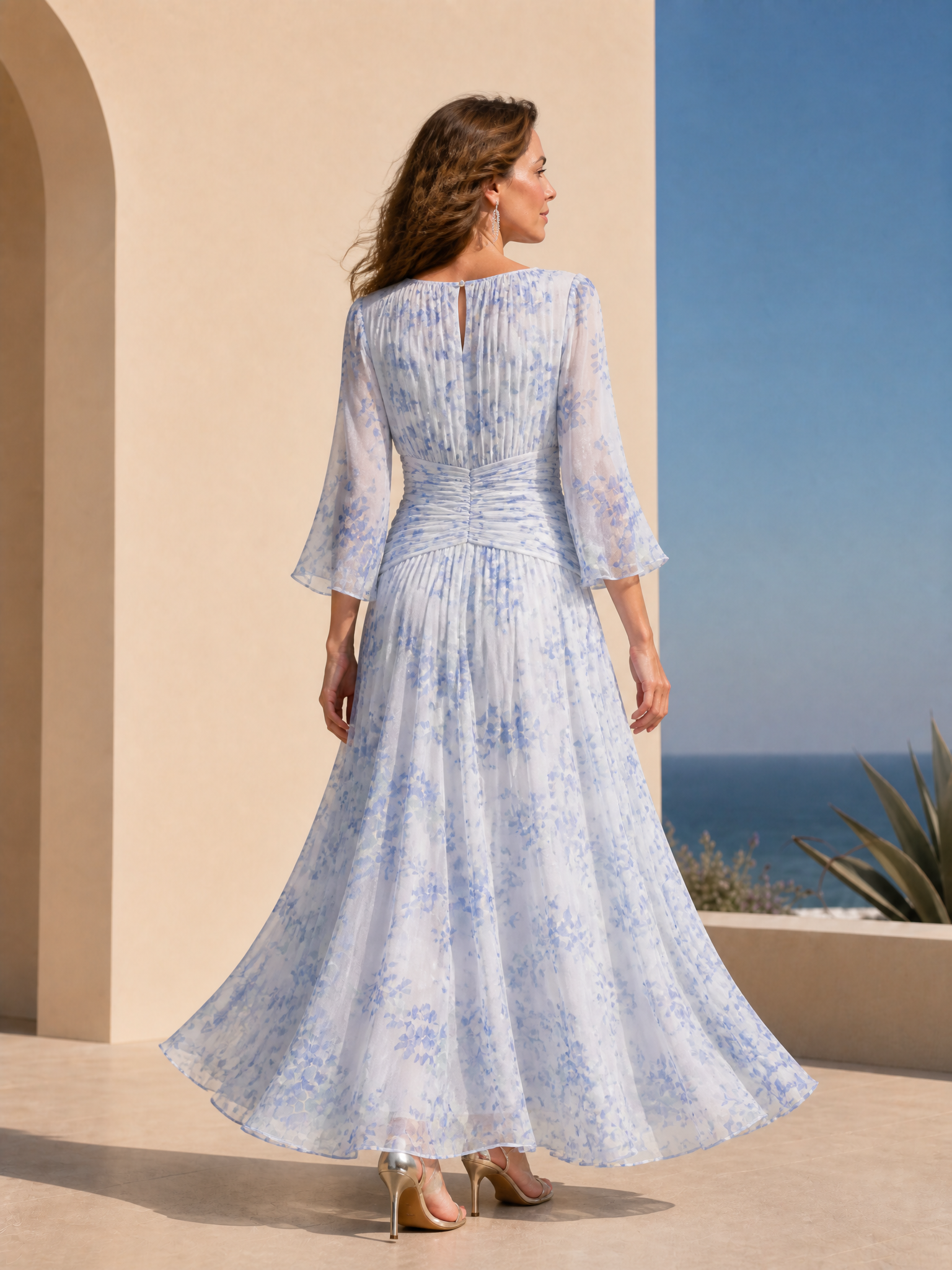 Blue Floral Round Neck 3/4 Flare Sleeve Maxi Dress