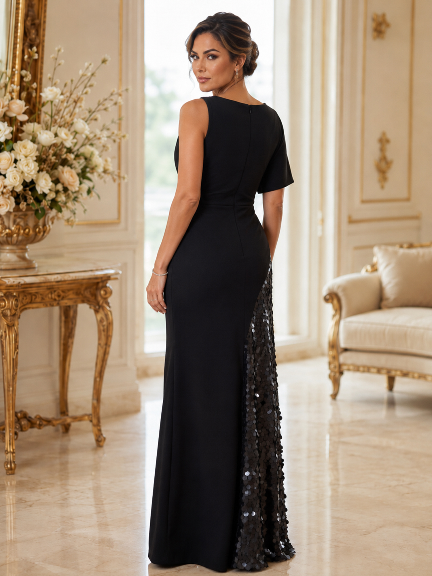 Black Bateau Neck Asymmetric Short Sleeve Sequin Panel Column Maxi Gown