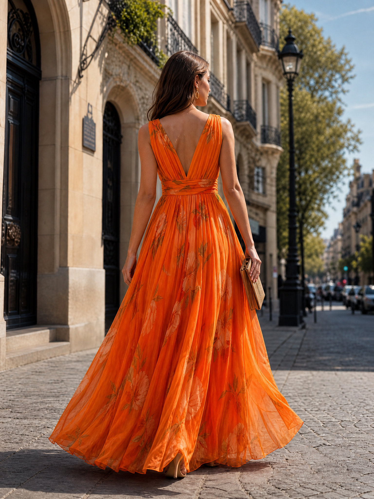 Plunging V-Neck Pleated Floral Print Floor-Length Chiffon A-Line Gown