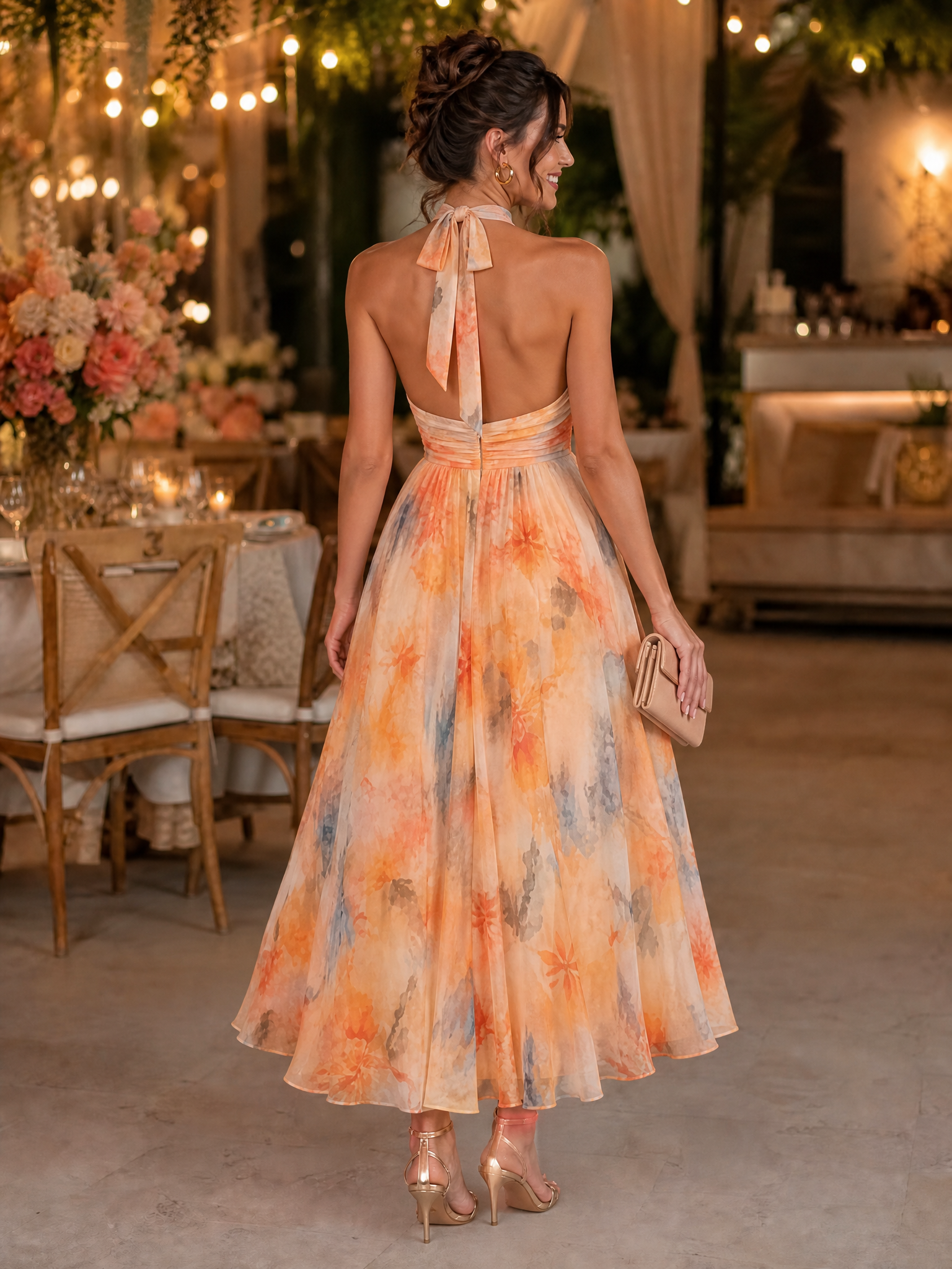 Halter Neck Backless Watercolor Floral Print Ankle-Length Chiffon A-Line Midi Dress