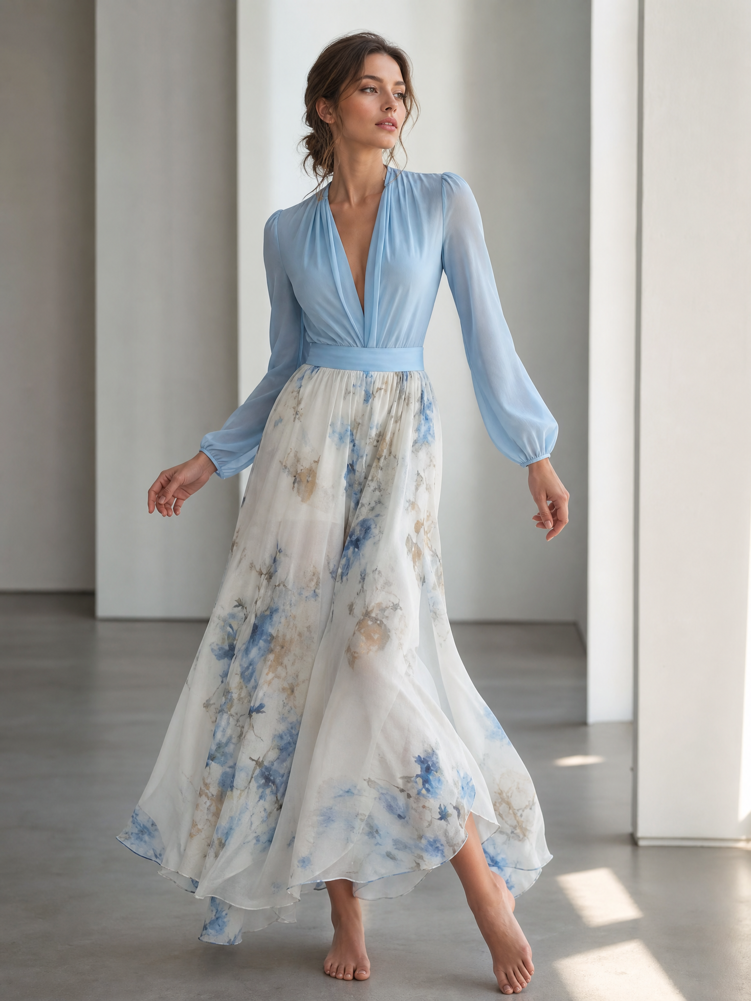 Plunging V-Neck Long Sleeve Floral Print Floor-Length Chiffon A-Line Gown