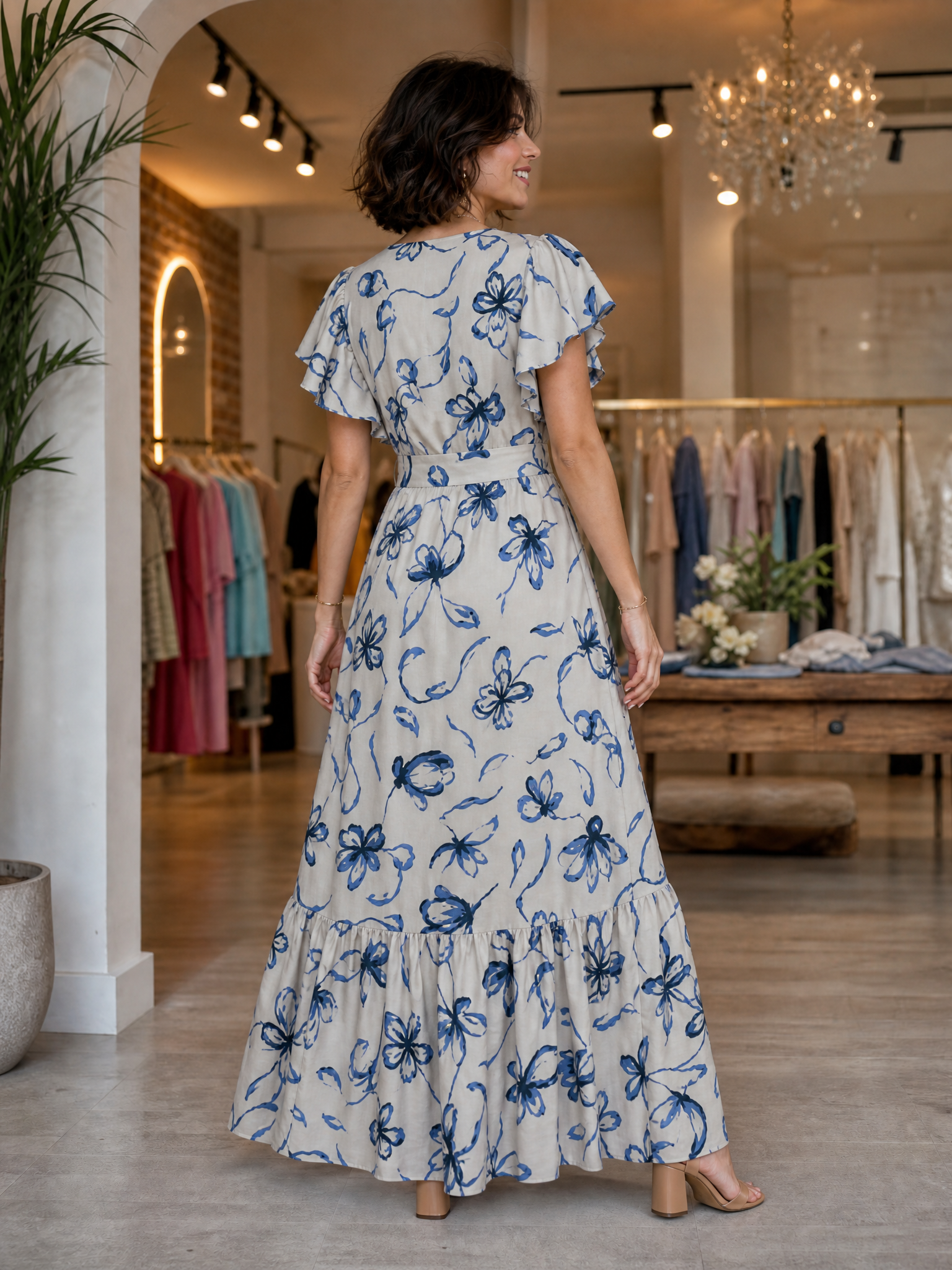 Plunging V-Neck Flutter Sleeve Floral Print Tiered Floor-Length Chiffon A-Line Gown