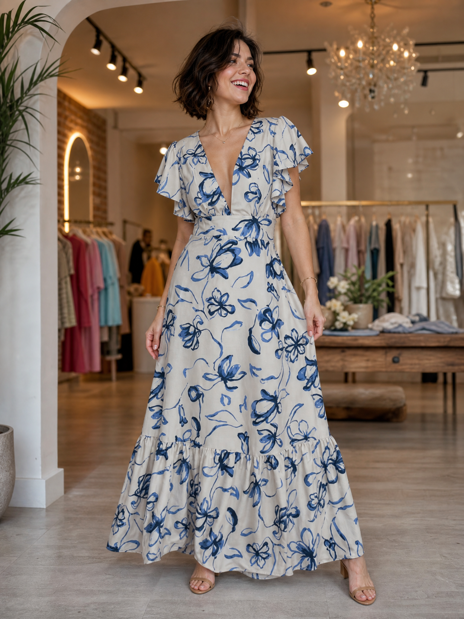 Plunging V-Neck Flutter Sleeve Floral Print Tiered Floor-Length Chiffon A-Line Gown