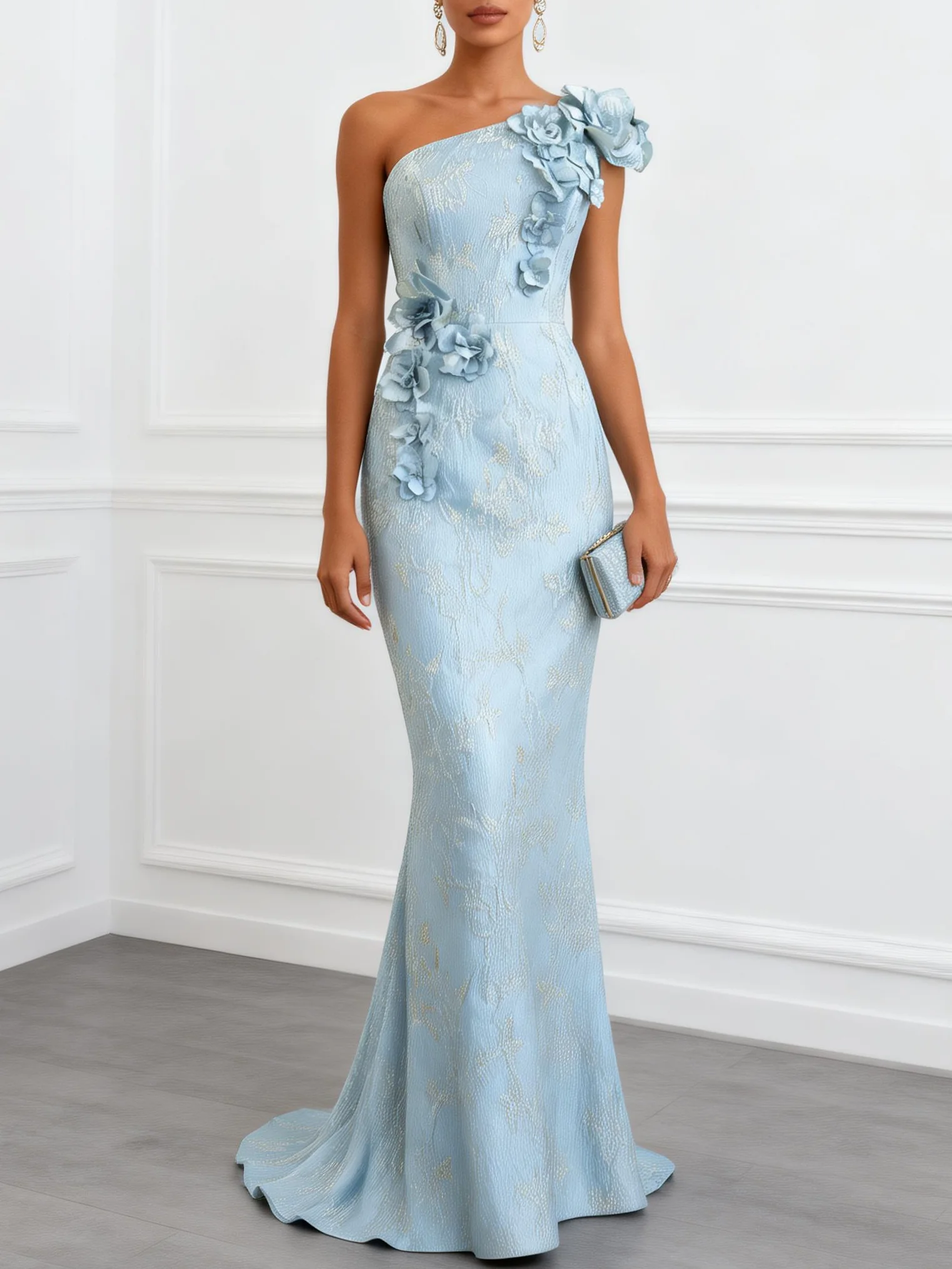 Light Blue 3D Floral Jacquard Classic One Shoulder Sleeveless Mermaid Gown Dress