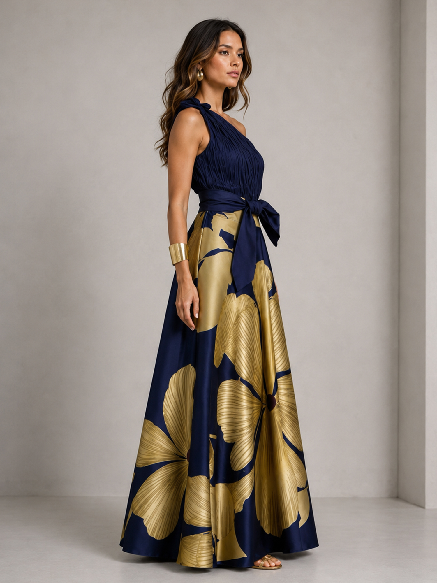 Navy Blue One Shoulder Ruched Bodice Gold Large Floral Print A-Line Maxi Gown