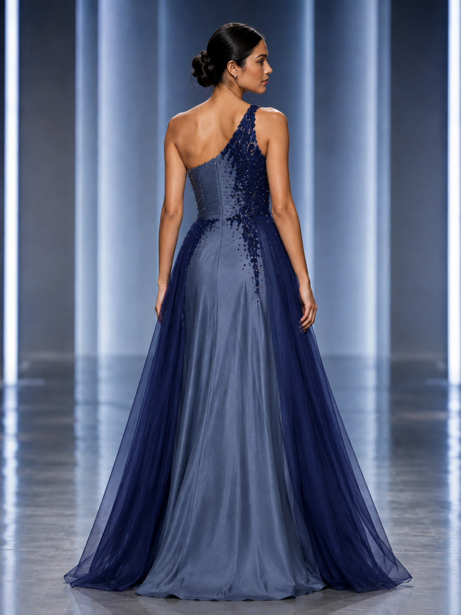 Two‑Tone Navy One‑Shoulder Beaded Appliqué Overskirt High‑Slit Evening Gown