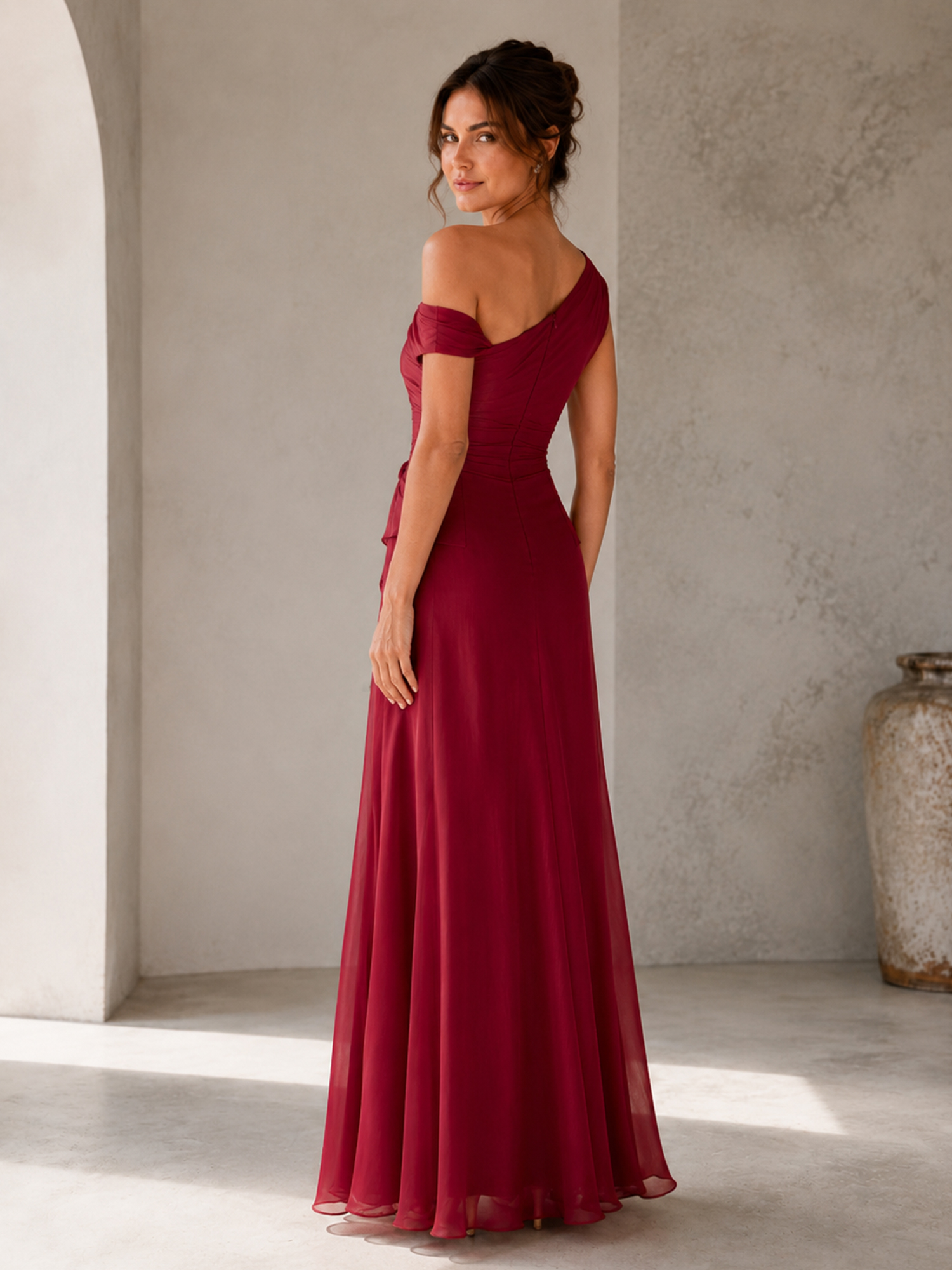 Asymmetric One‑Shoulder Draped Chiffon Floor‑Length Evening Gown With Waist Knot Ruffle Detail