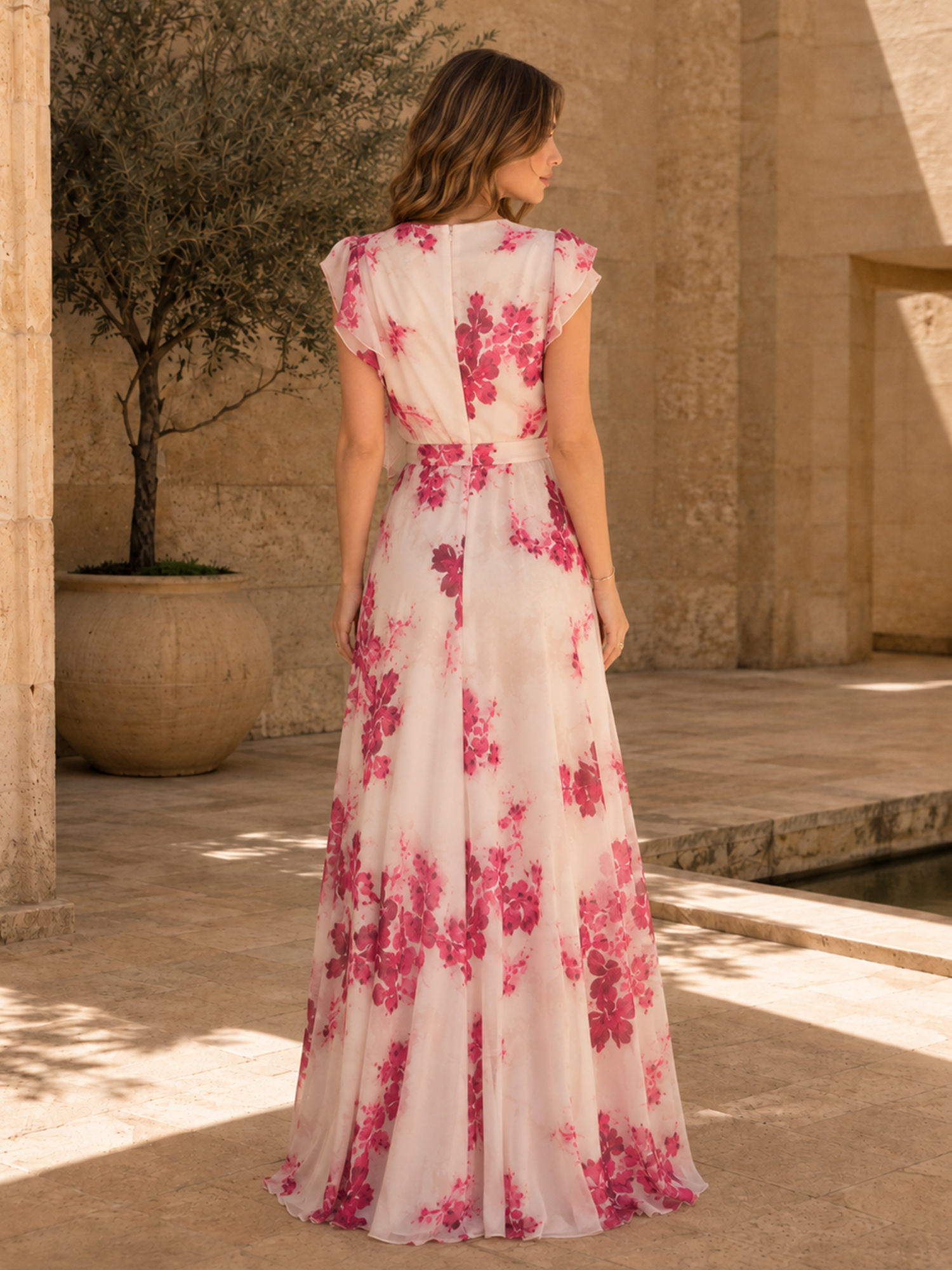 Fuchsia Floral Print Draped Chiffon A‑Line Maxi Evening Gown