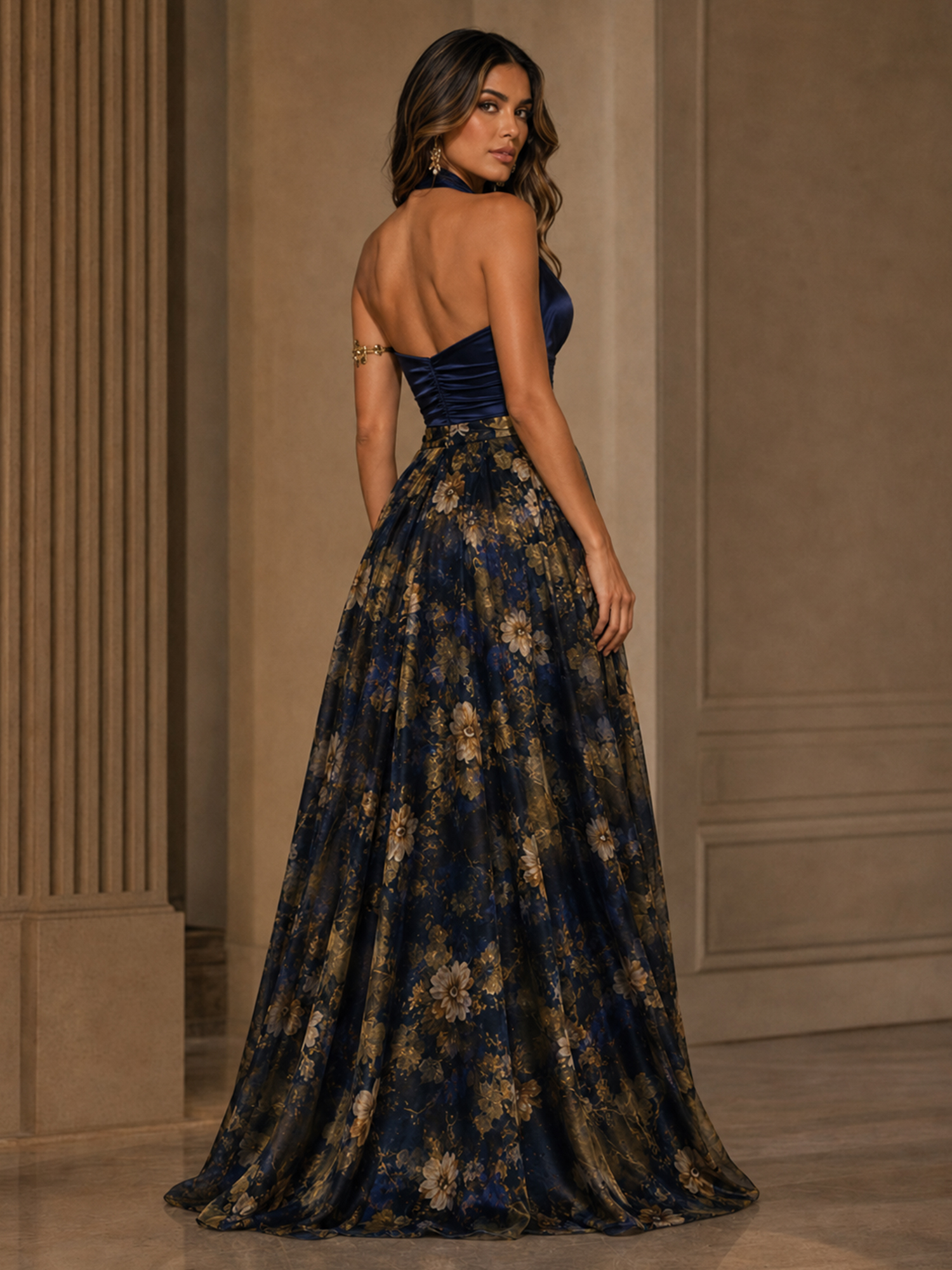 Halter Cowl Satin Bodice Floral Print High‑Slit Floor‑Length Evening Gown