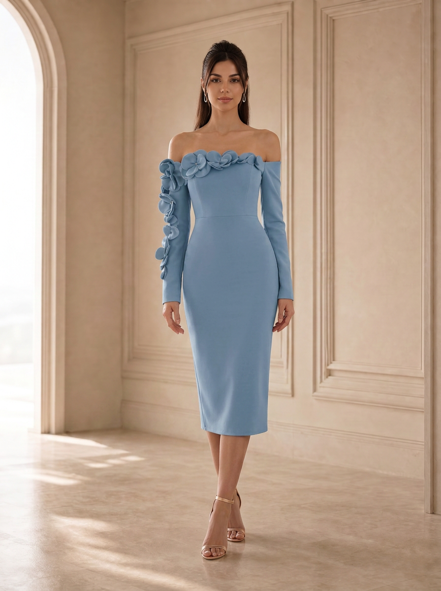 Off-the-Shoulder Navy Blue Crepe Evening Dresses with 3D Floral Applique Sleeve
