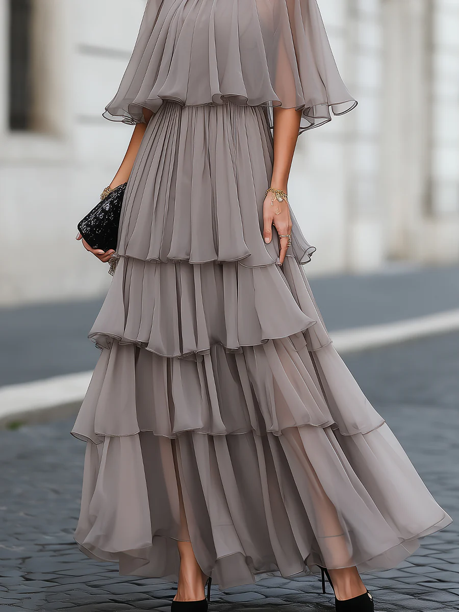 Tiered Pleated Cape Maxi Dress