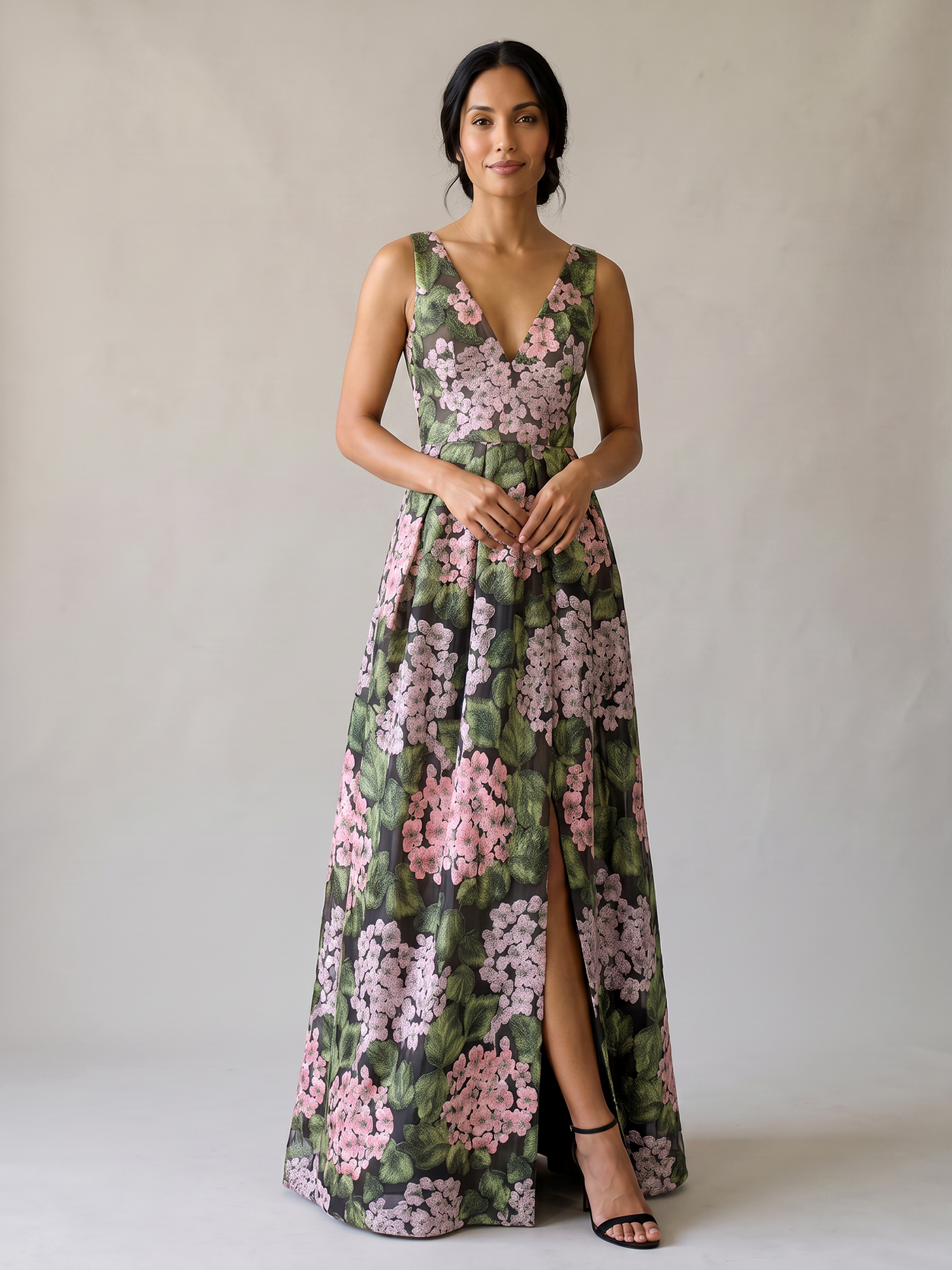 V Neck Sleeveless Floral Chiffon A-line Maxi Dress