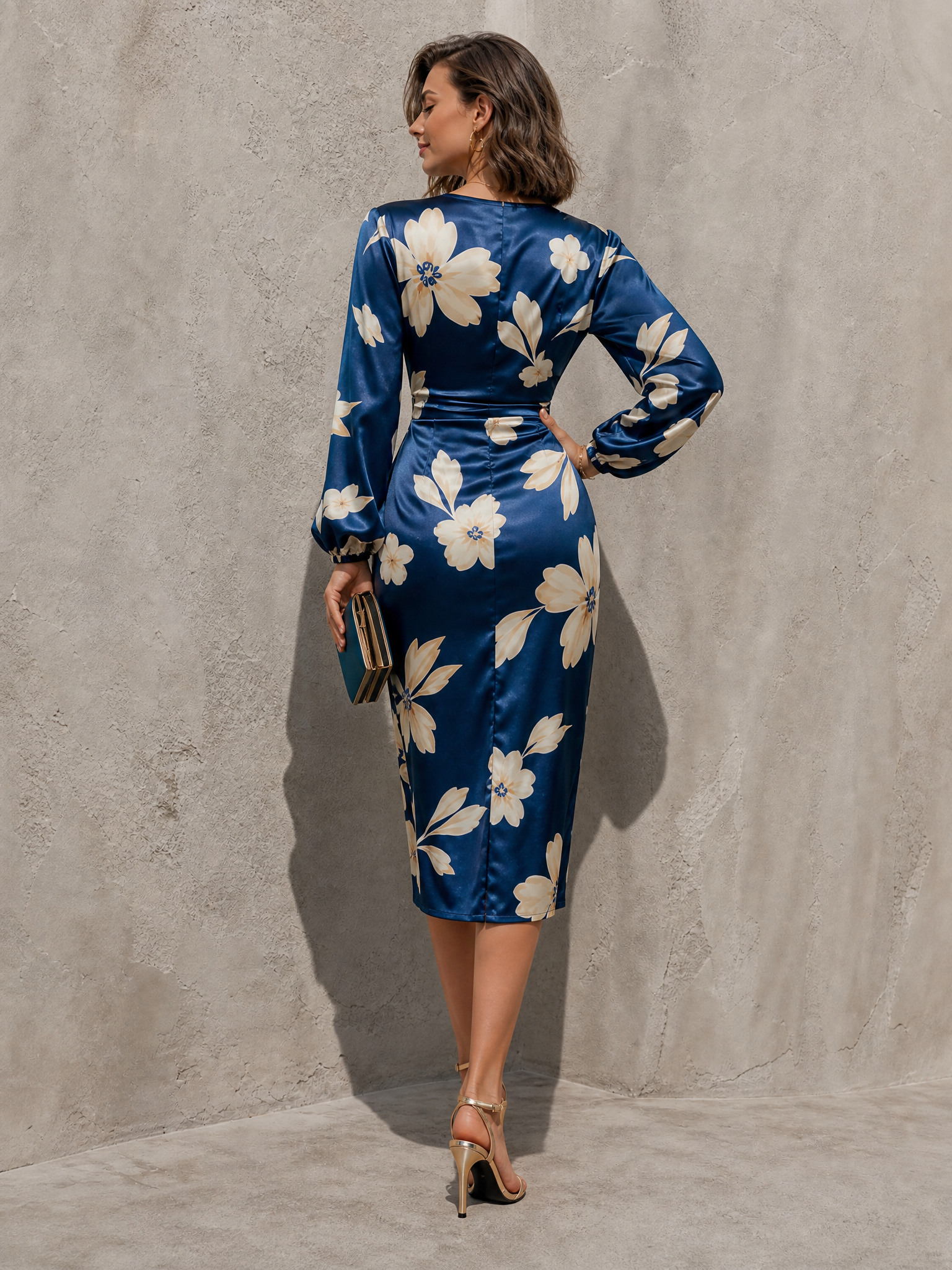 V-Neck Long Sleeve Wrapped Bodice Floral Print Midi Satin Dress