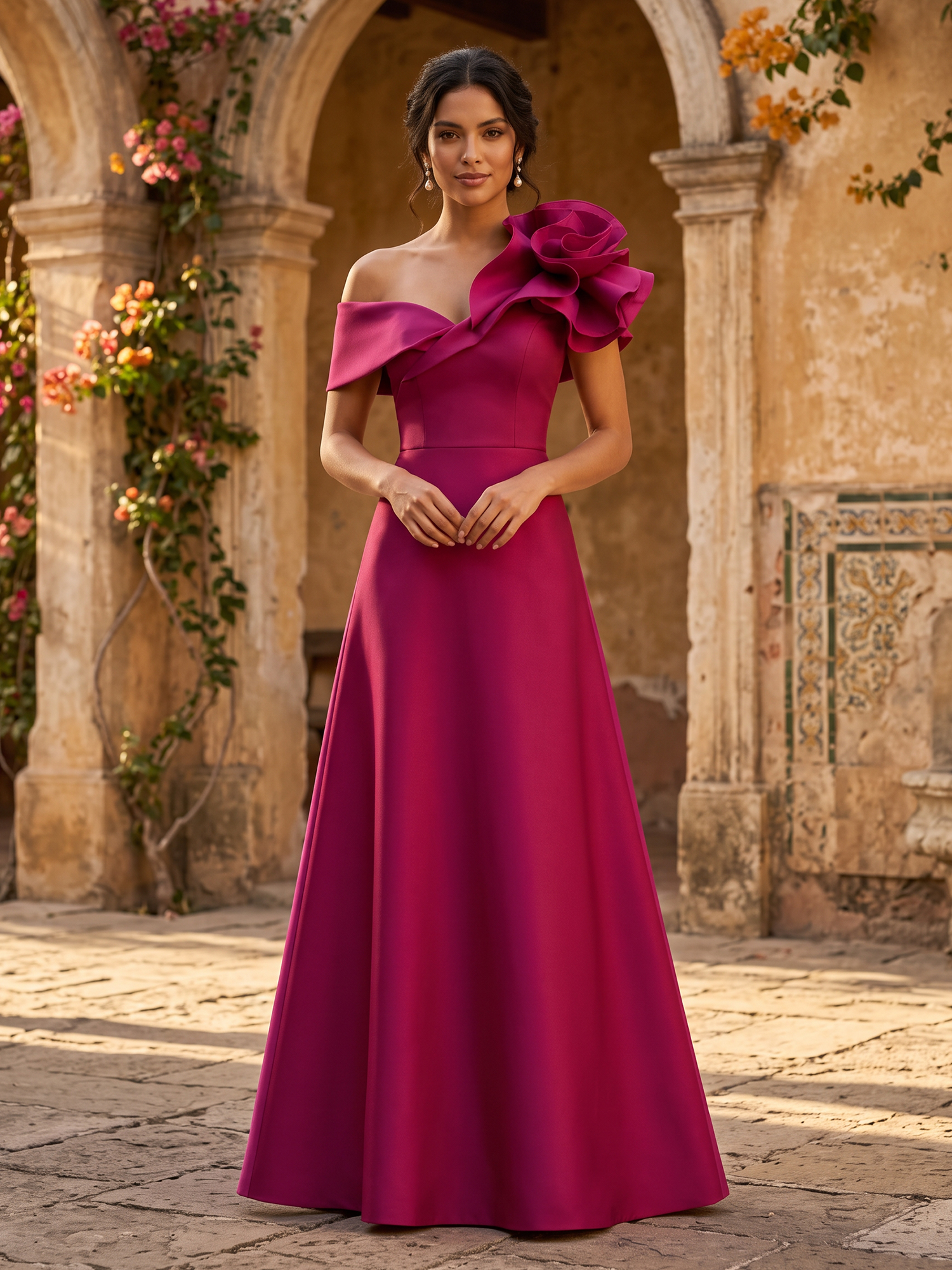 Fuchsia One‑Shoulder Ruched Bodice Ruffled High‑Slit Mermaid Evening Gown