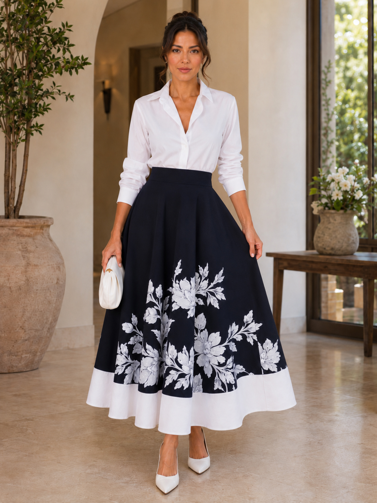Navy White Collared Shirt High Waist Floral Print A‑Line Tea‑Length Two Piece Set