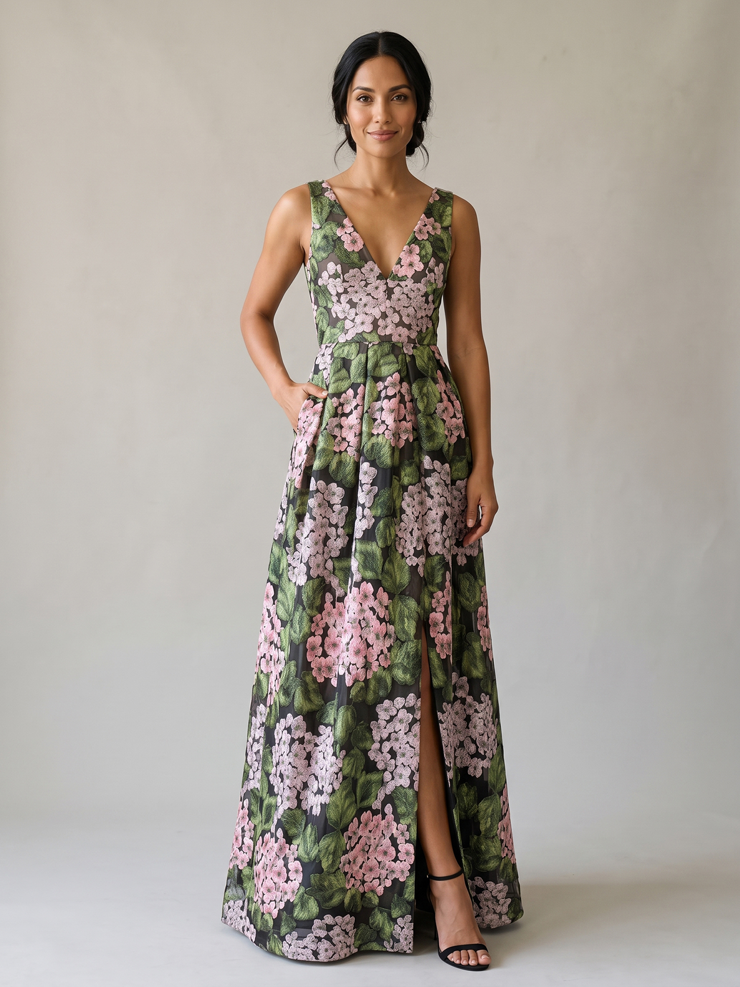V Neck Sleeveless Floral Chiffon A-line Maxi Dress