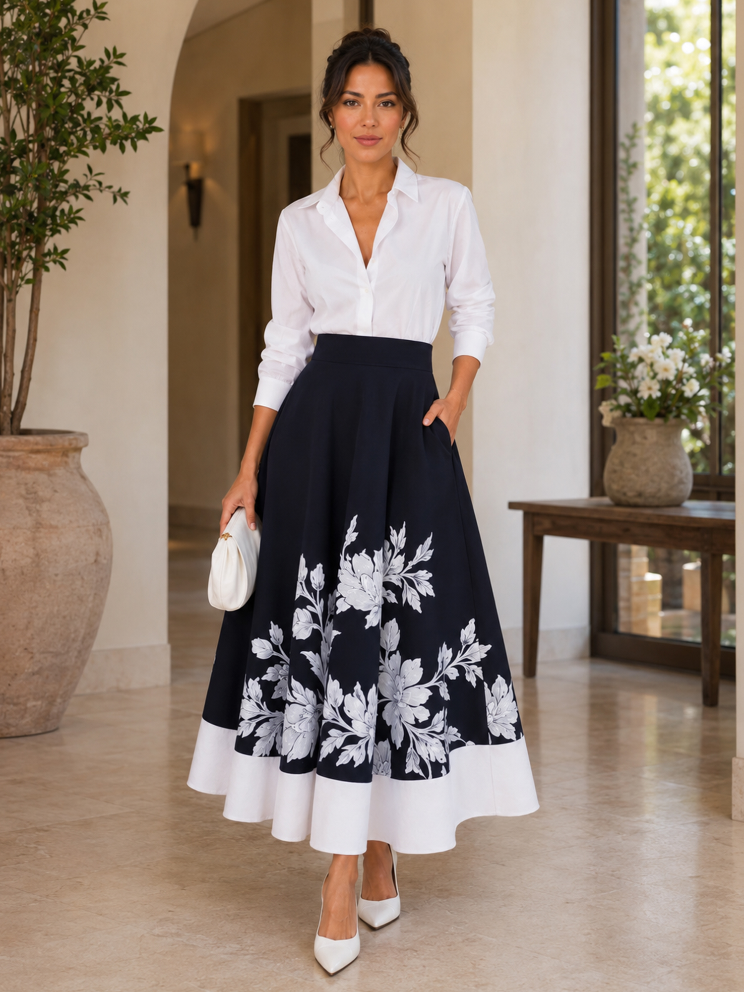 Navy White Collared Shirt High Waist Floral Print A‑Line Tea‑Length Two Piece Set