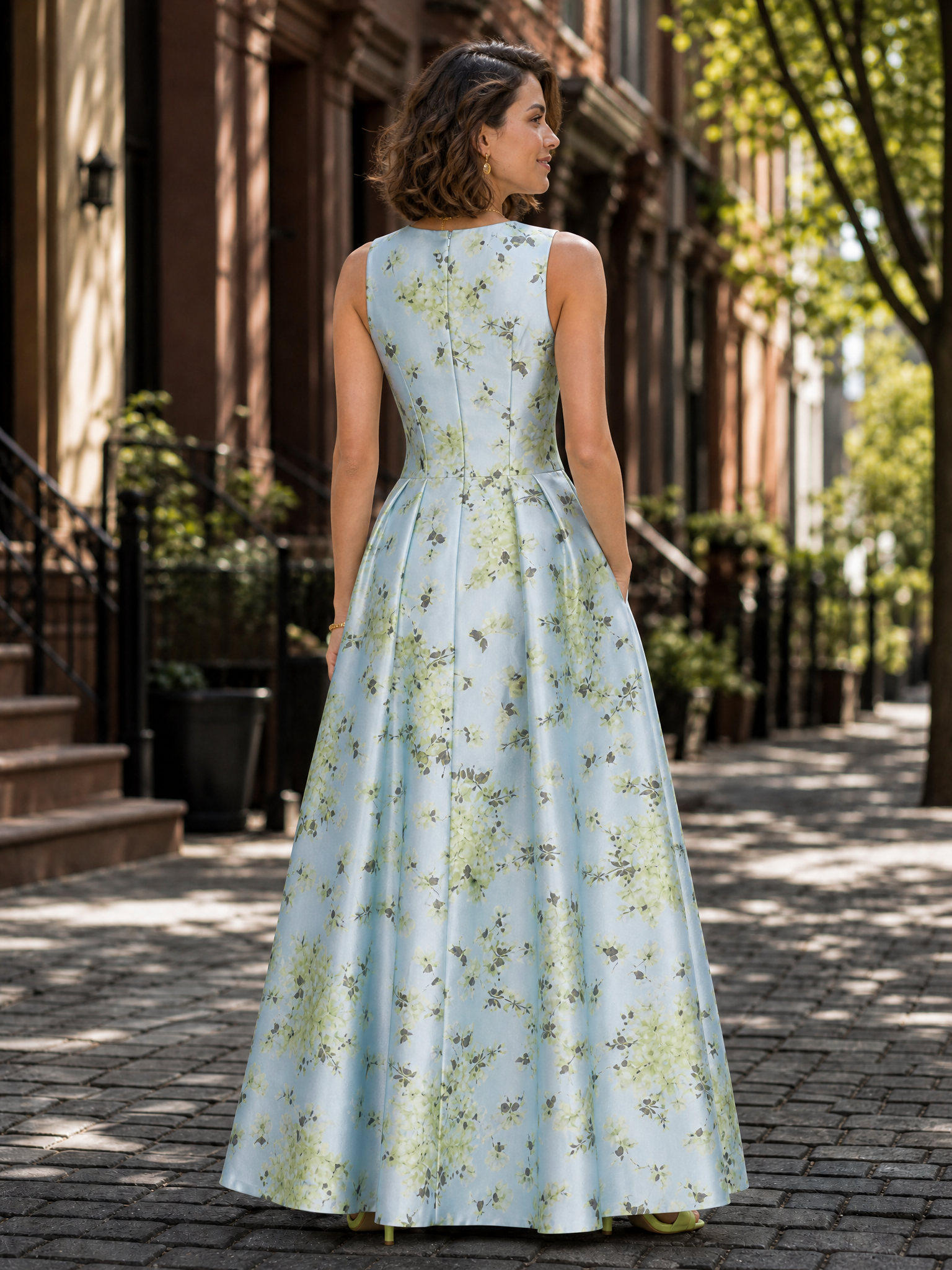 V-Neck Sleeveless Floral Print Floor-Length A-Line Gown