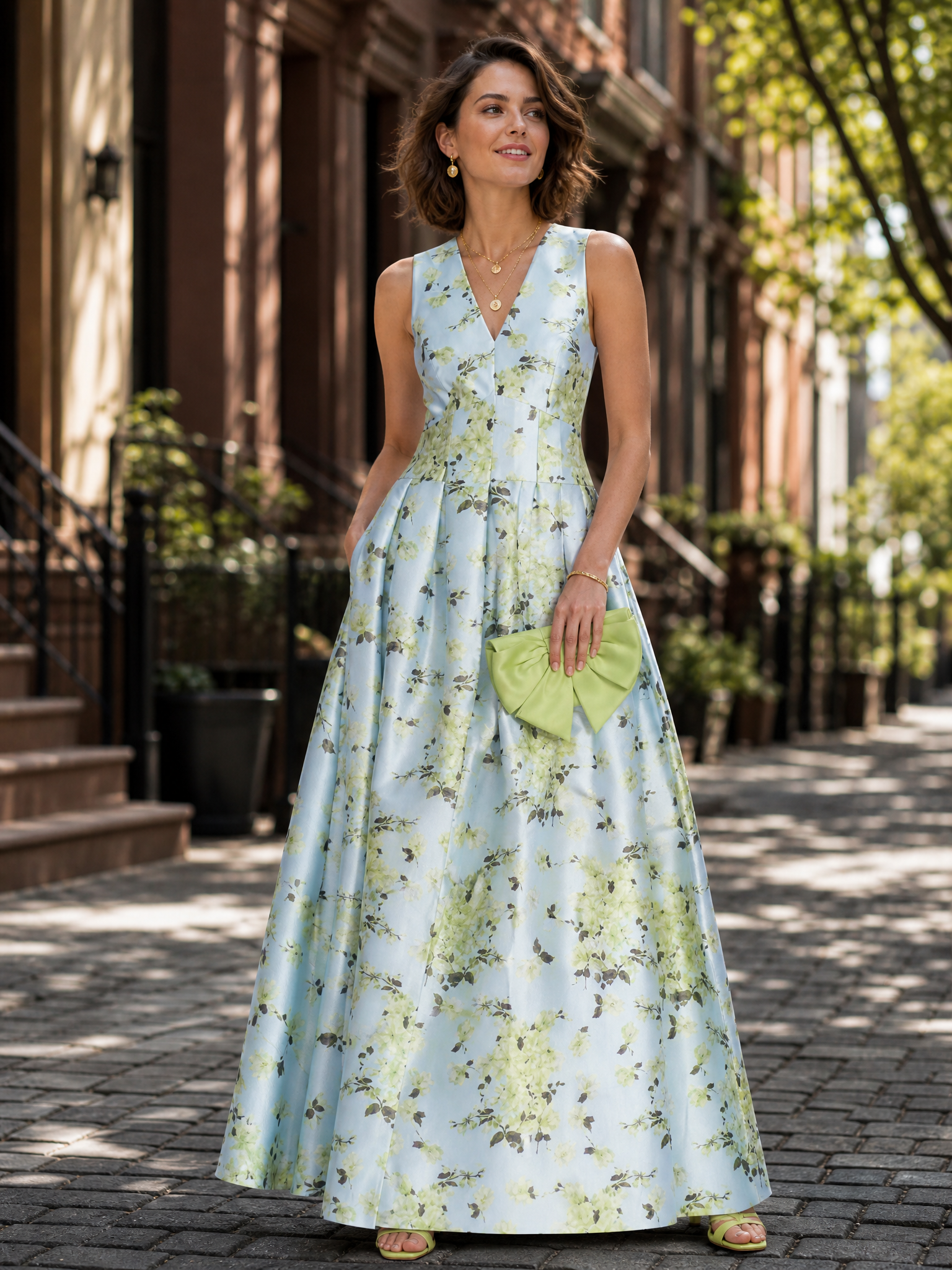 V-Neck Sleeveless Floral Print Floor-Length A-Line Gown