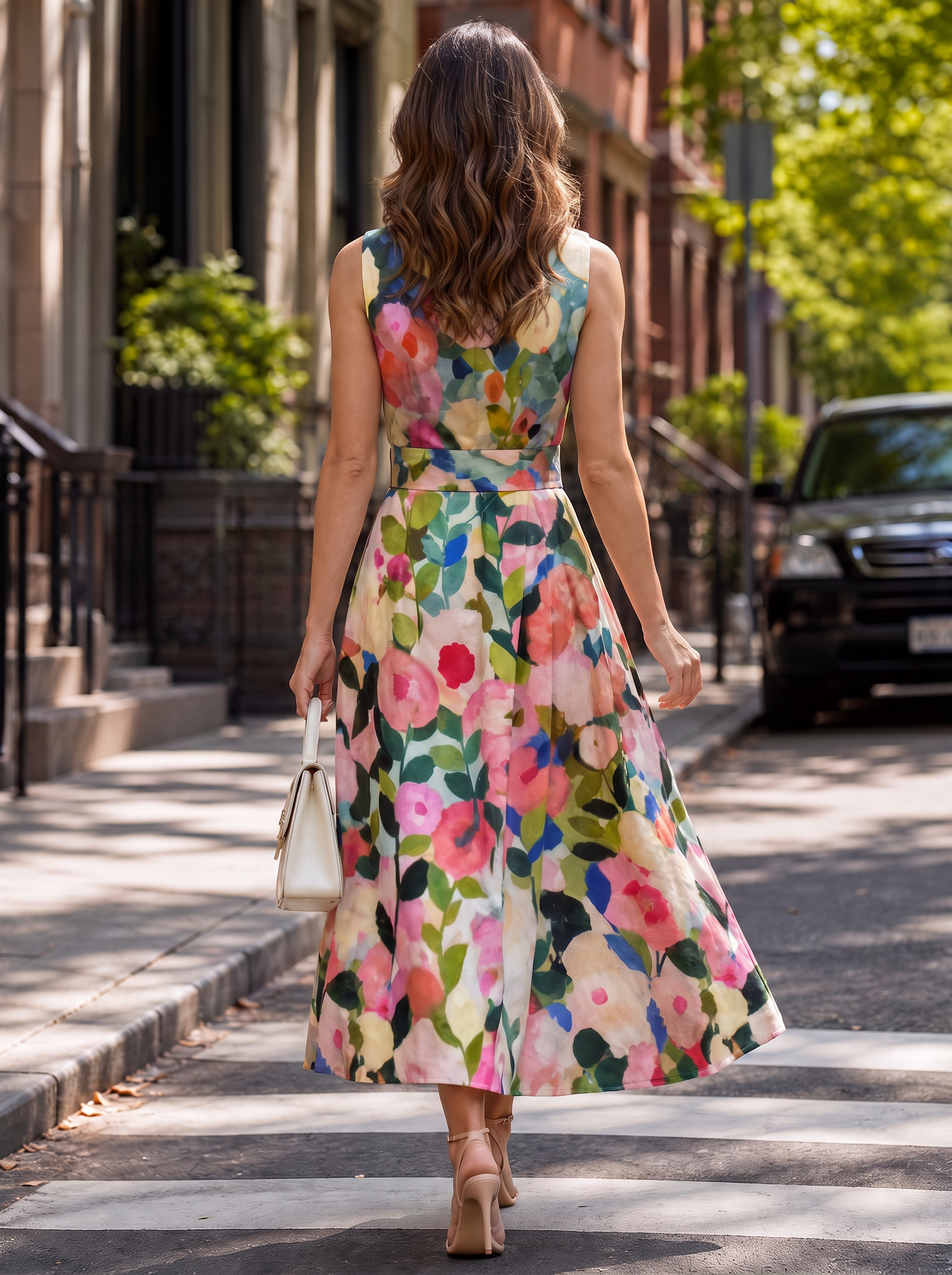 Round Neck Sleeveless Watercolor Floral Print Midi A-Line Dress