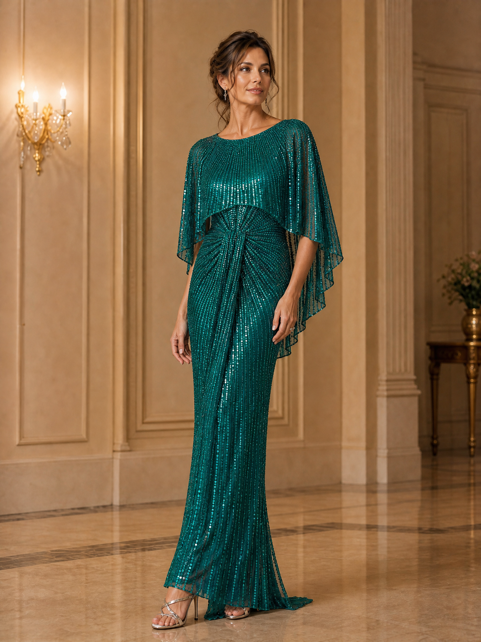 Green Sequin Dolman Sleeve Sheath Maxi Dress
