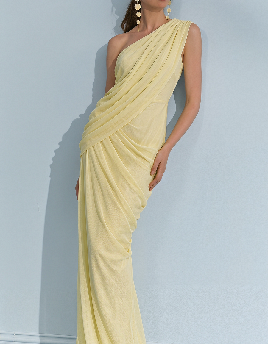 Chiffon One-Shoulder Fitted Waist Fishtail Maxi Dress