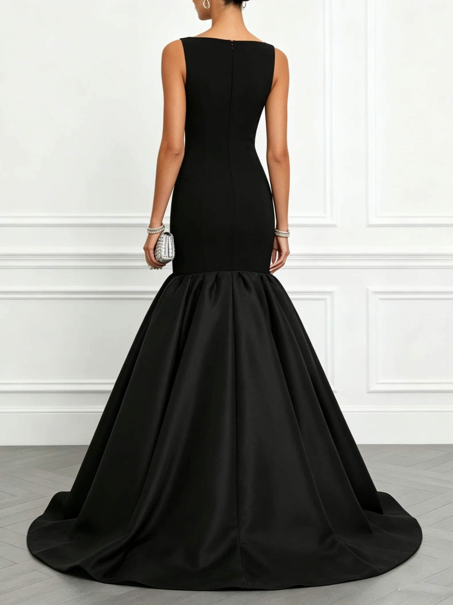 Black Split Joint Classic Boat Neck Sleeveless A-Line Gown Dress