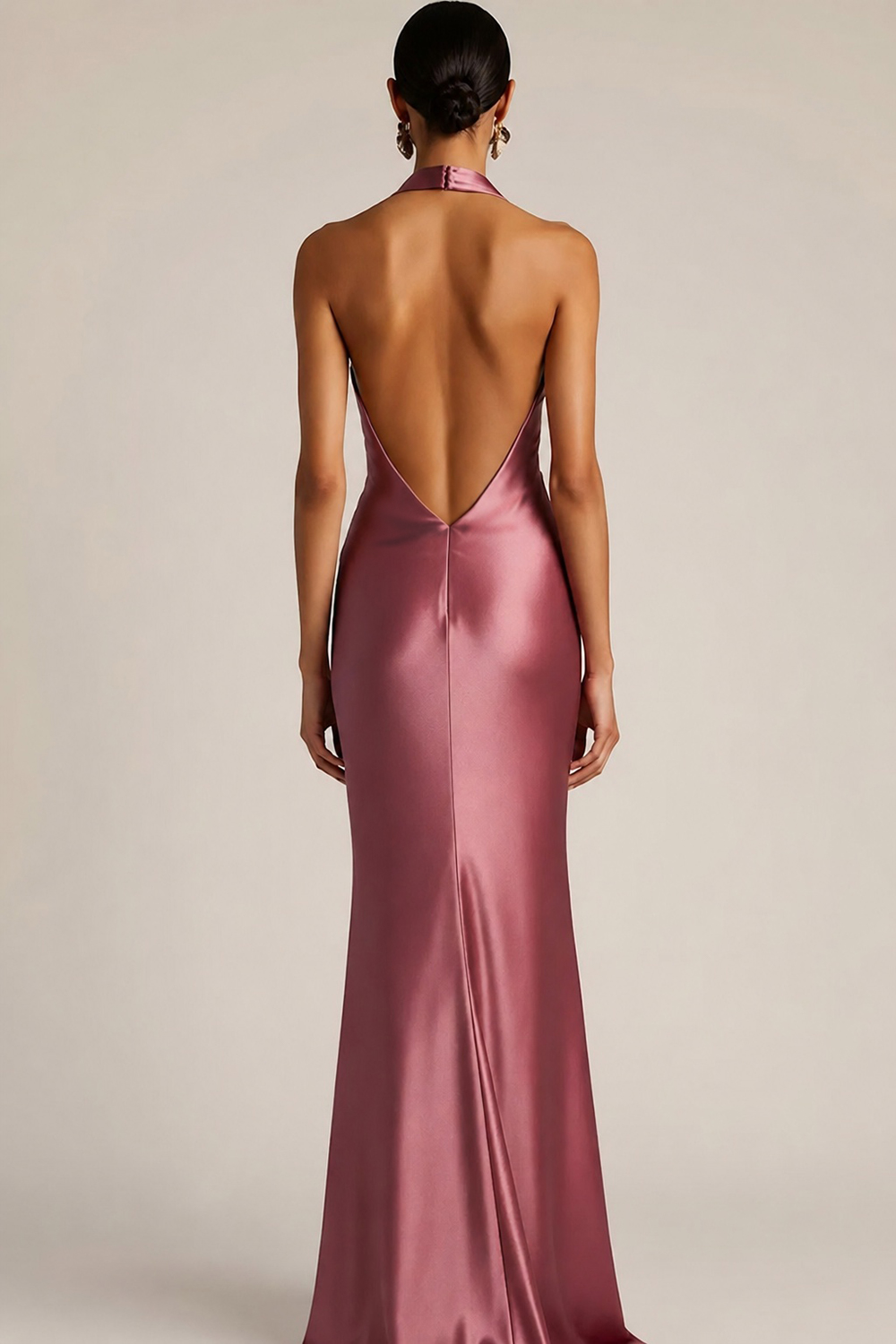 Vintage Rose Wedding Guest Dress Sheath Halter Satin Maxi Dress