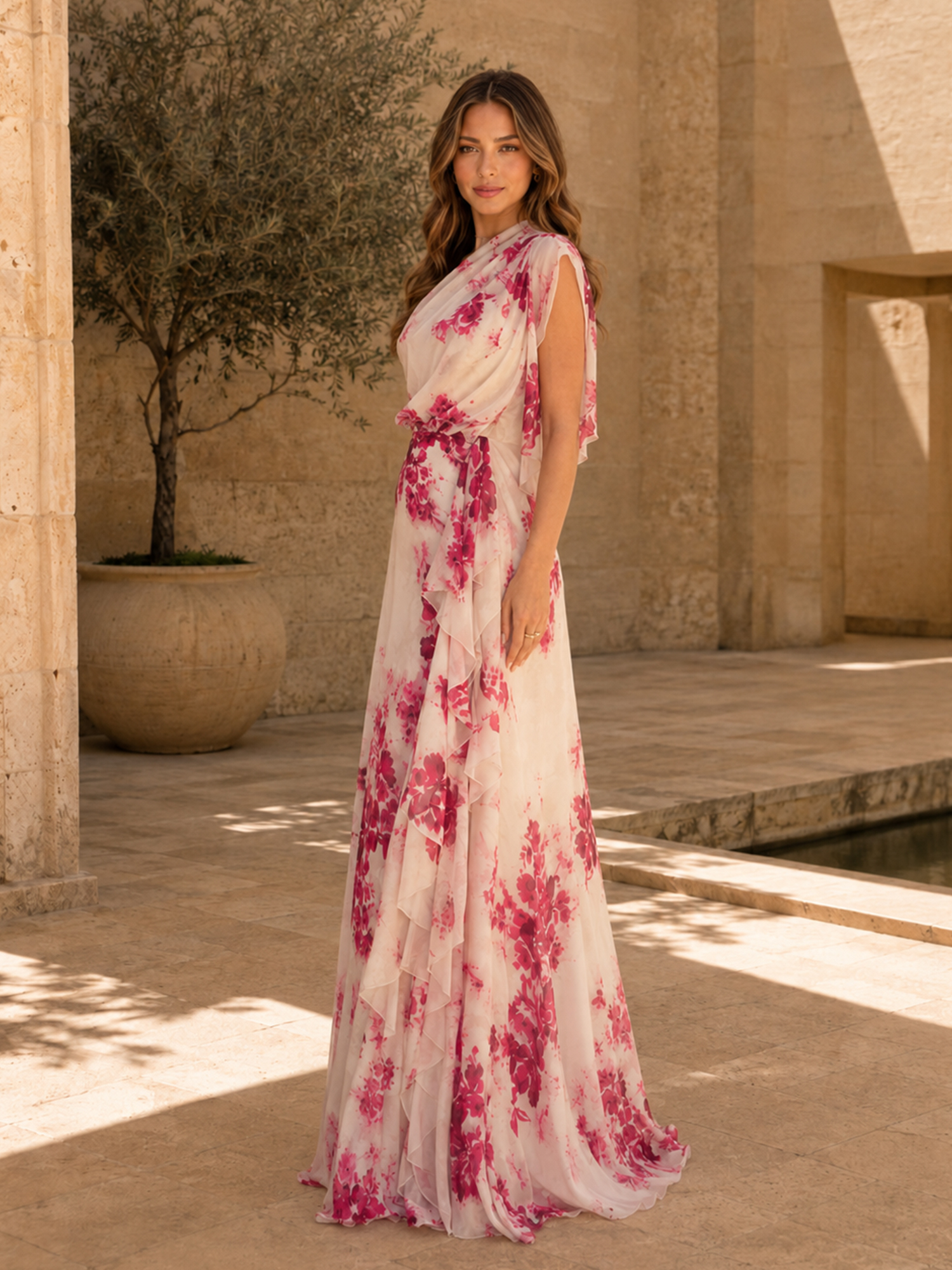 Fuchsia Floral Print Draped Chiffon A‑Line Maxi Evening Gown
