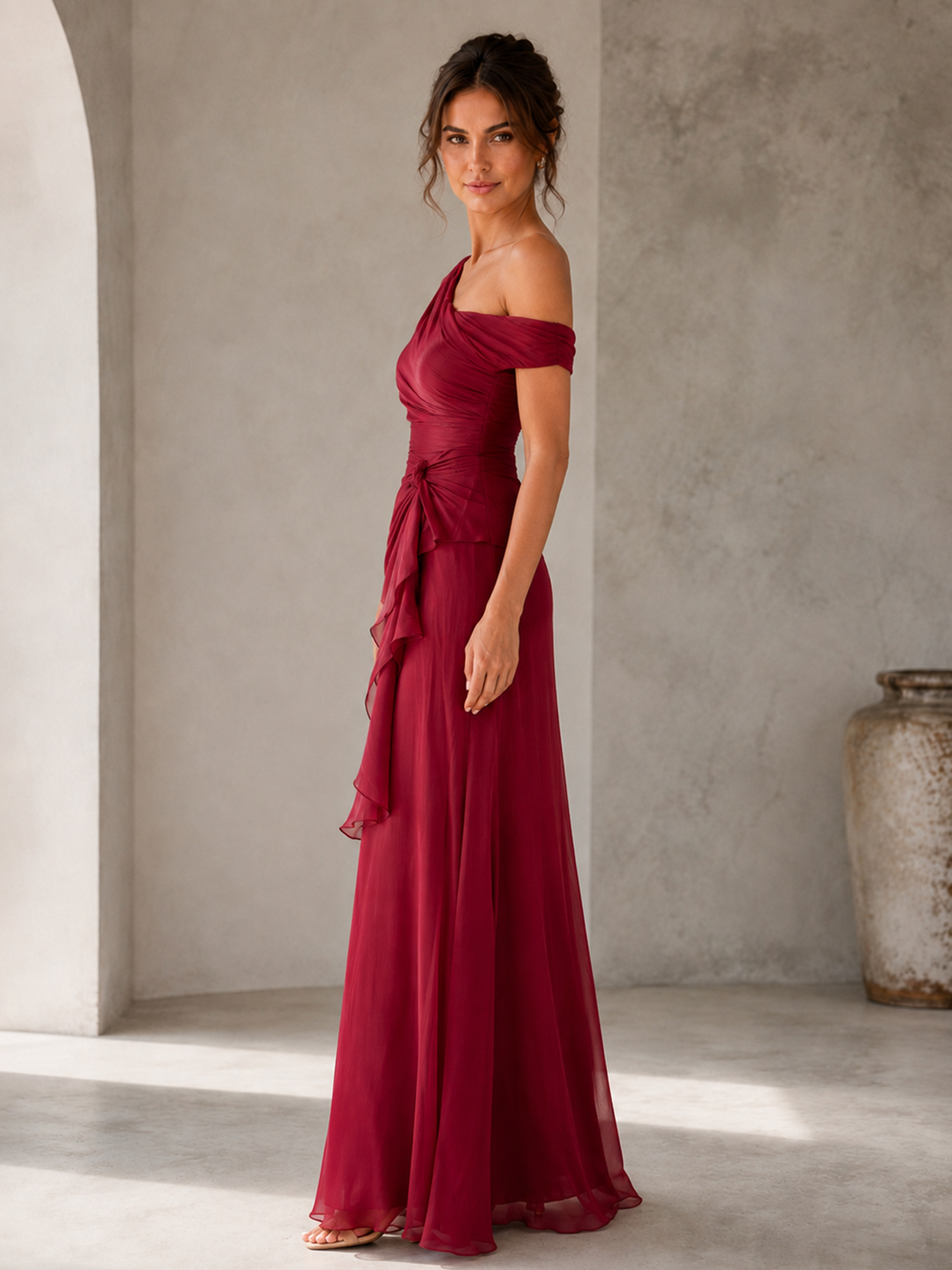 Asymmetric One‑Shoulder Draped Chiffon Floor‑Length Evening Gown With Waist Knot Ruffle Detail