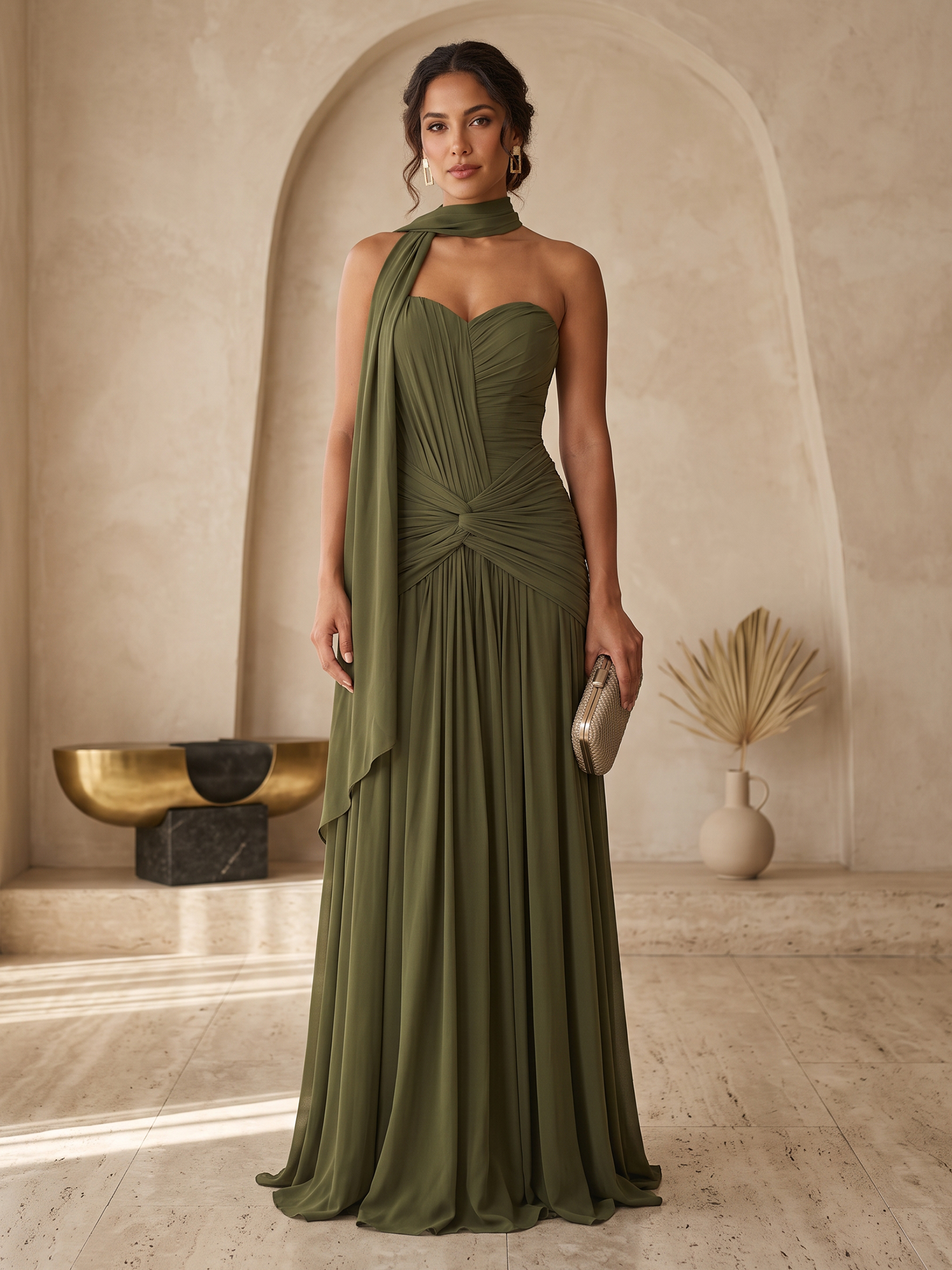 Olive Green Sweetheart Halter Draped Chiffon Knot Waist Floor‑Length Evening Gown