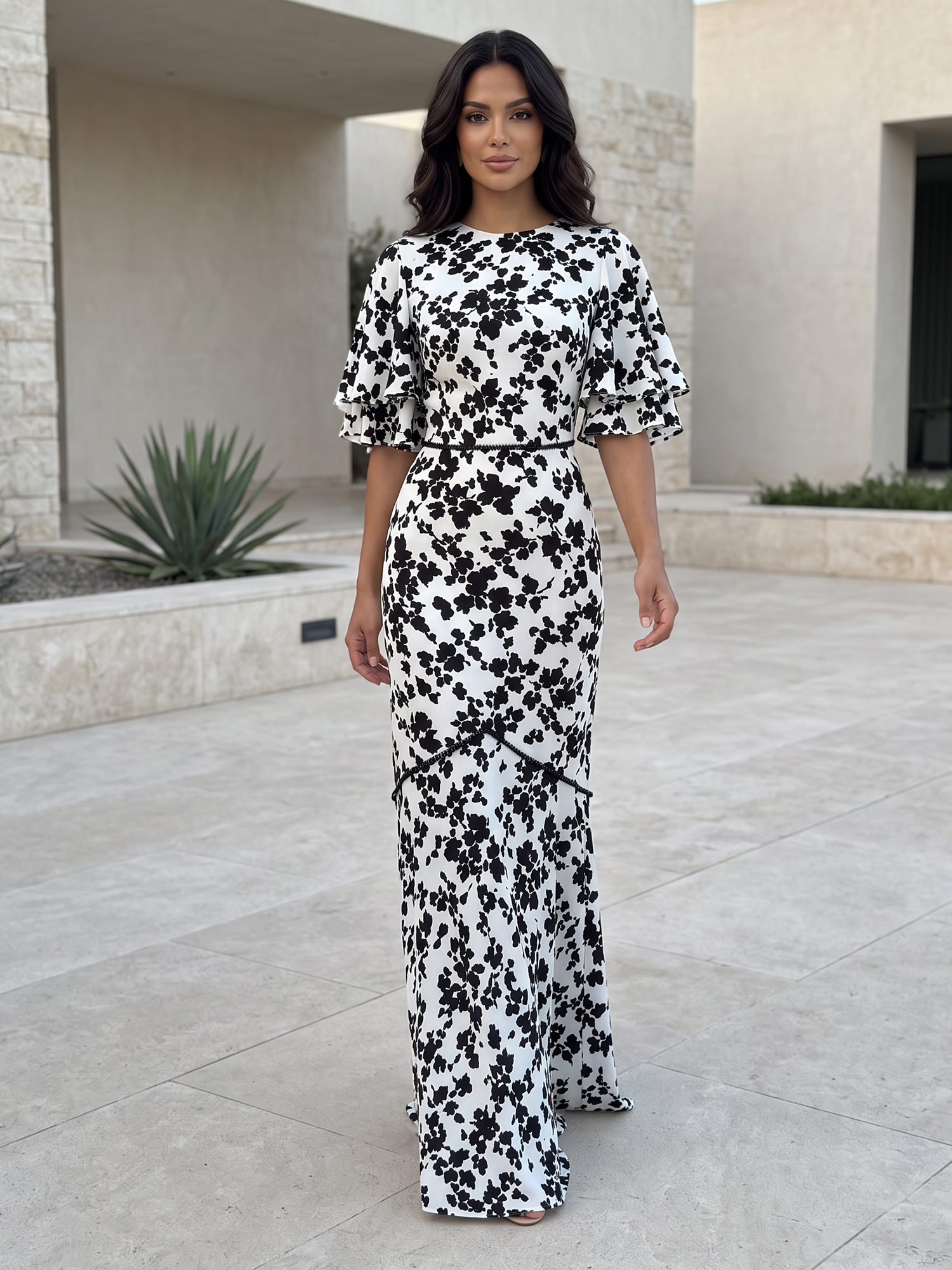 Black Floral Print Ruffle Short Sleeve Mermaid Floor‑Length Formal Dress