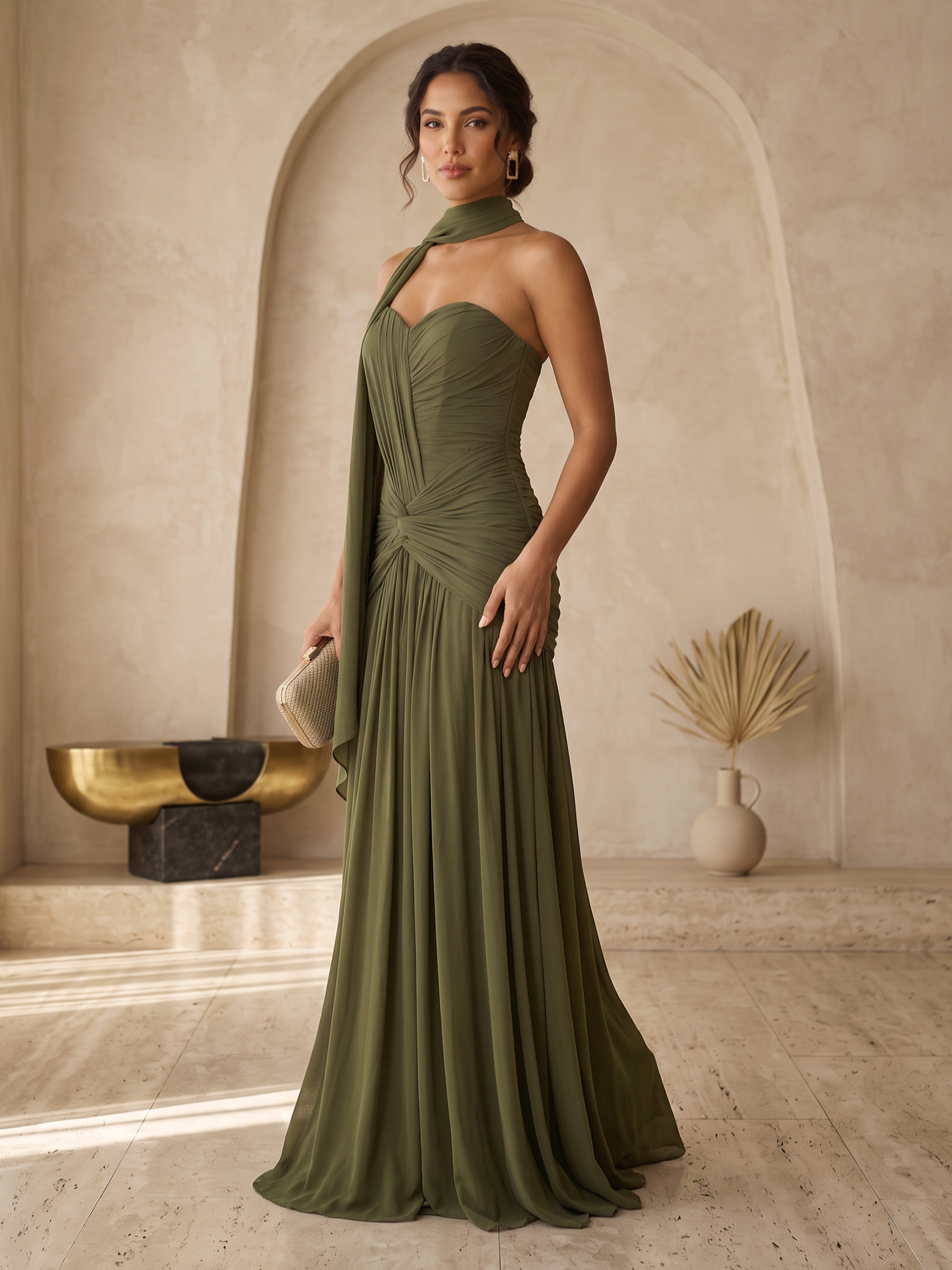 Olive Green Sweetheart Halter Draped Chiffon Knot Waist Floor‑Length Evening Gown