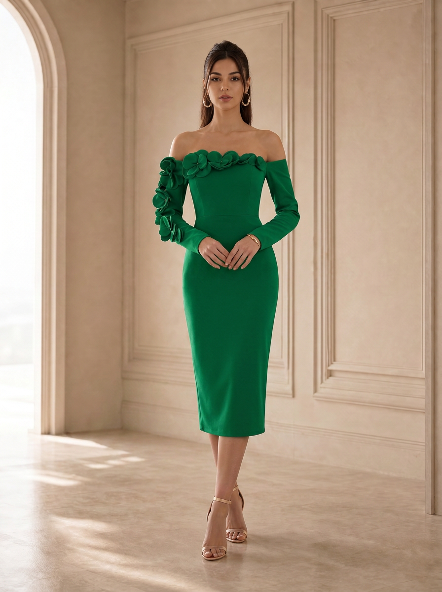 Off-the-Shoulder Navy Blue Crepe Evening Dresses with 3D Floral Applique Sleeve