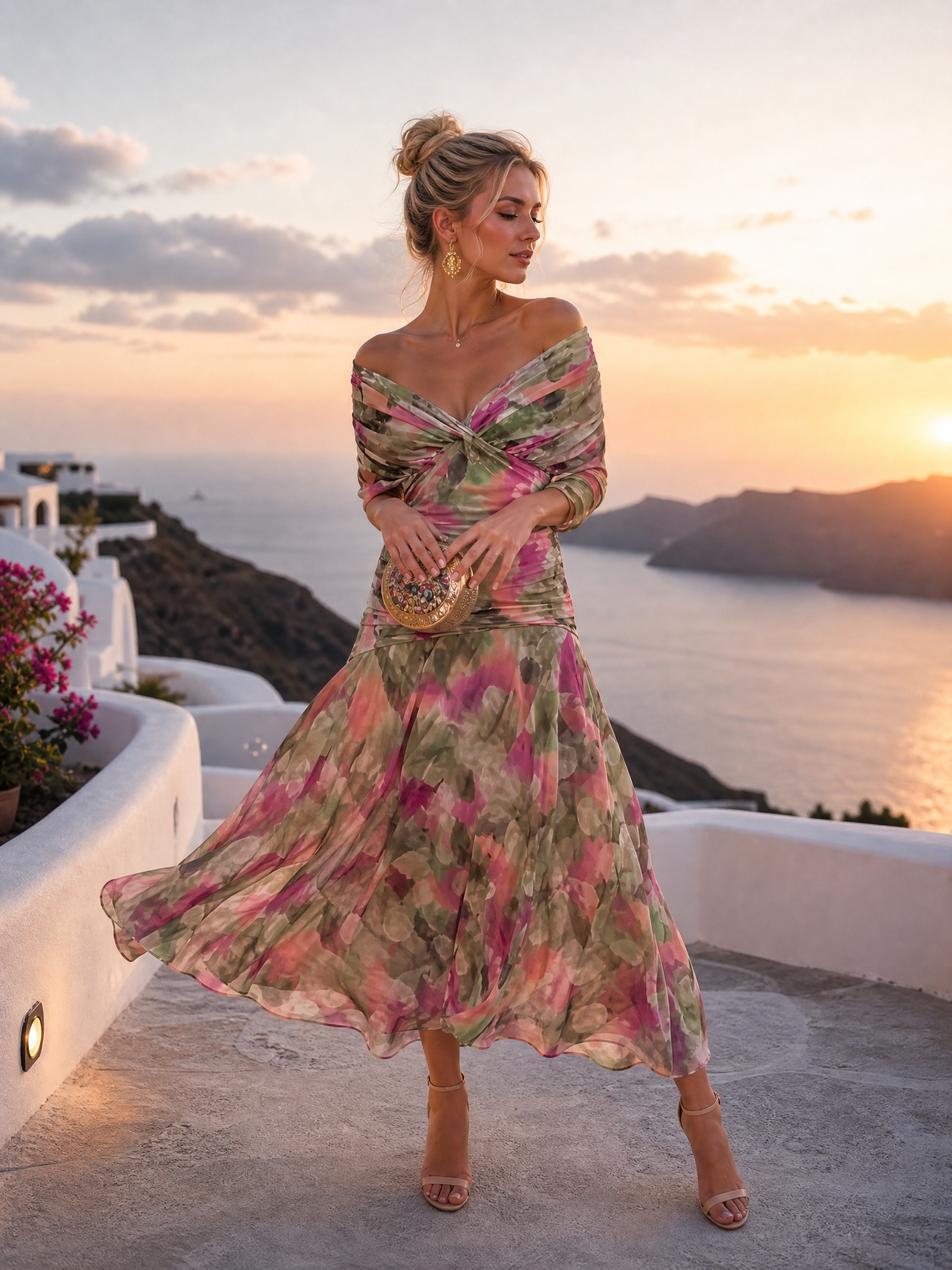 Off-Shoulder Ruched Satin Asymmetric Midi Dress with Floral Print