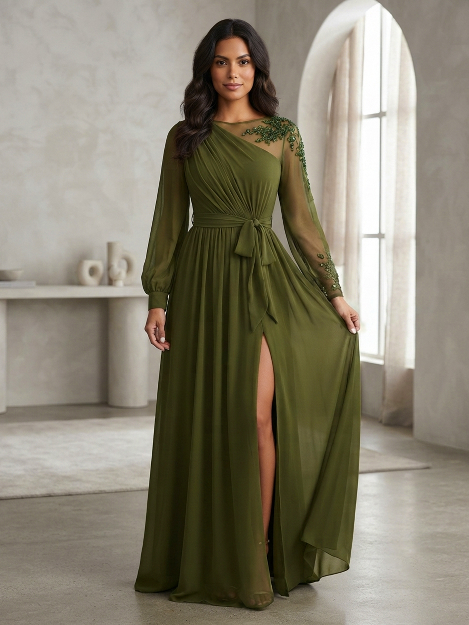 Olive Green Long‑Sleeve Beaded Illusion Neck Chiffon A‑Line Slit Evening Gown