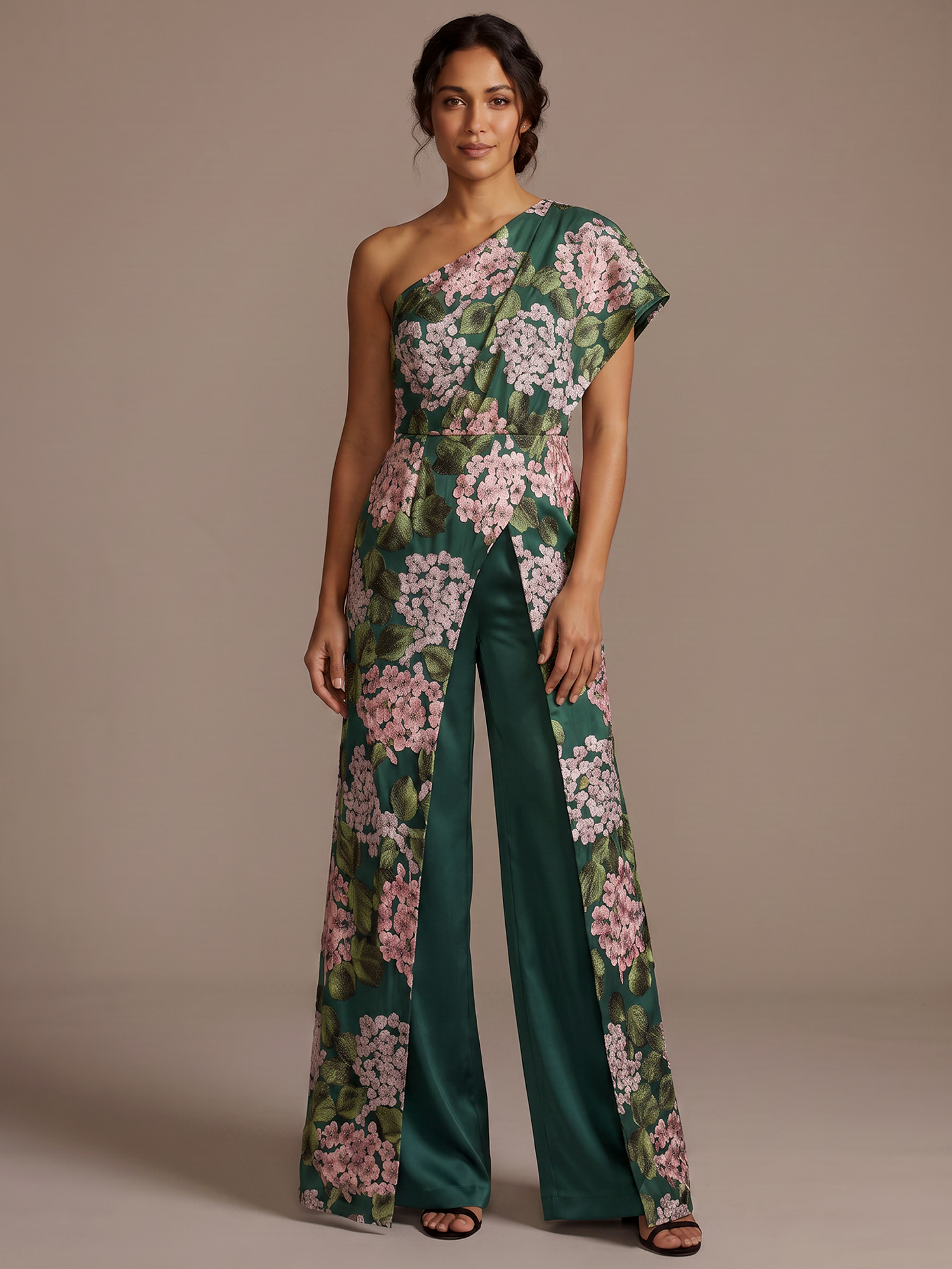 Emerald Green One Shoulder Floral Satin Jumpsuit