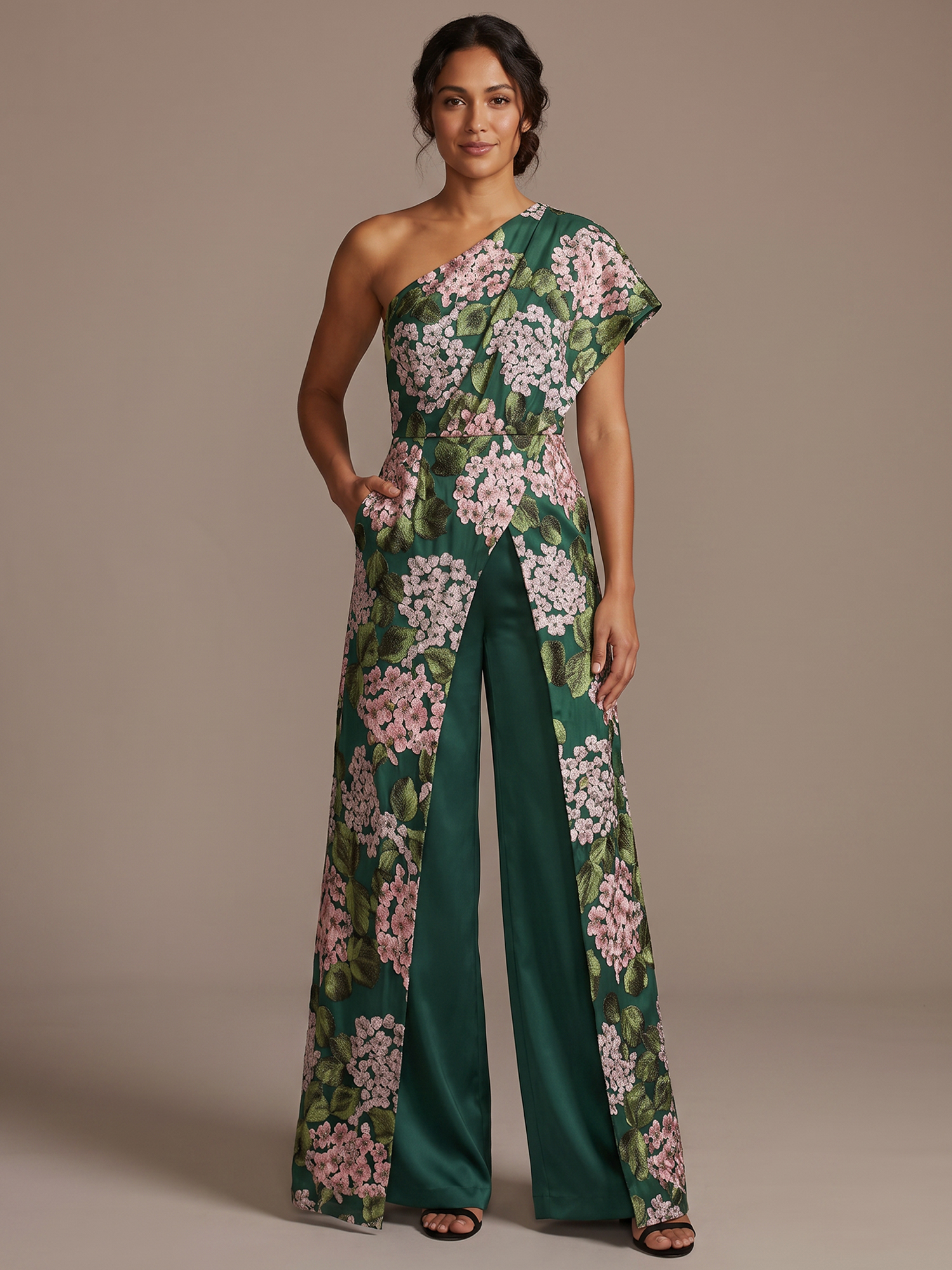 Emerald Green One Shoulder Floral Satin Jumpsuit