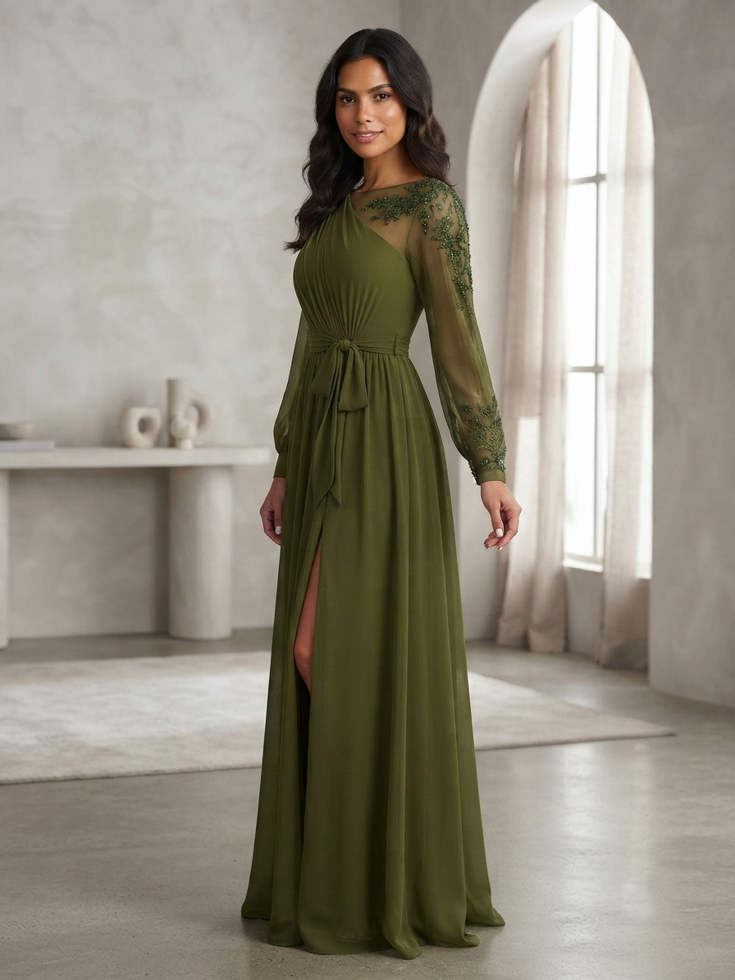 Olive Green Long‑Sleeve Beaded Illusion Neck Chiffon A‑Line Slit Evening Gown