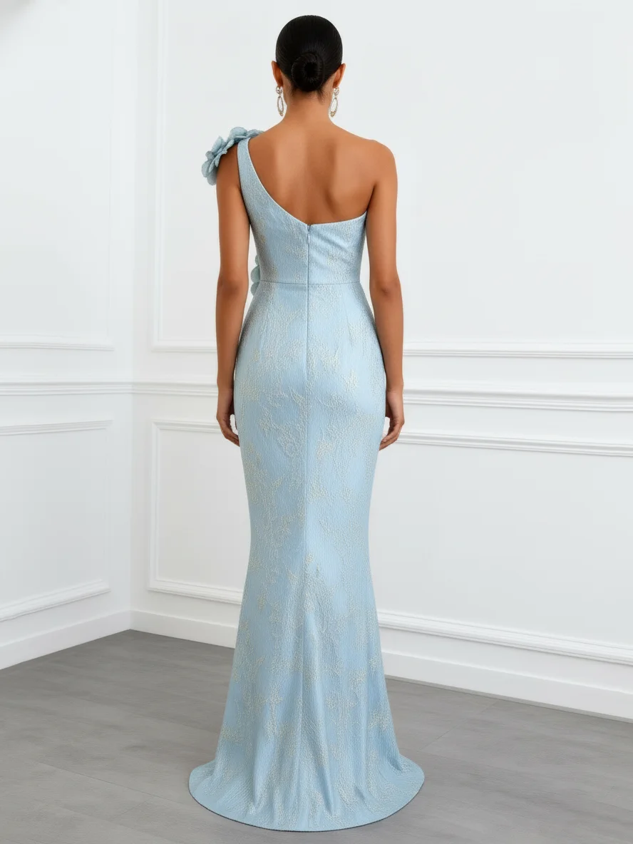 Light Blue 3D Floral Jacquard Classic One Shoulder Sleeveless Mermaid Gown Dress