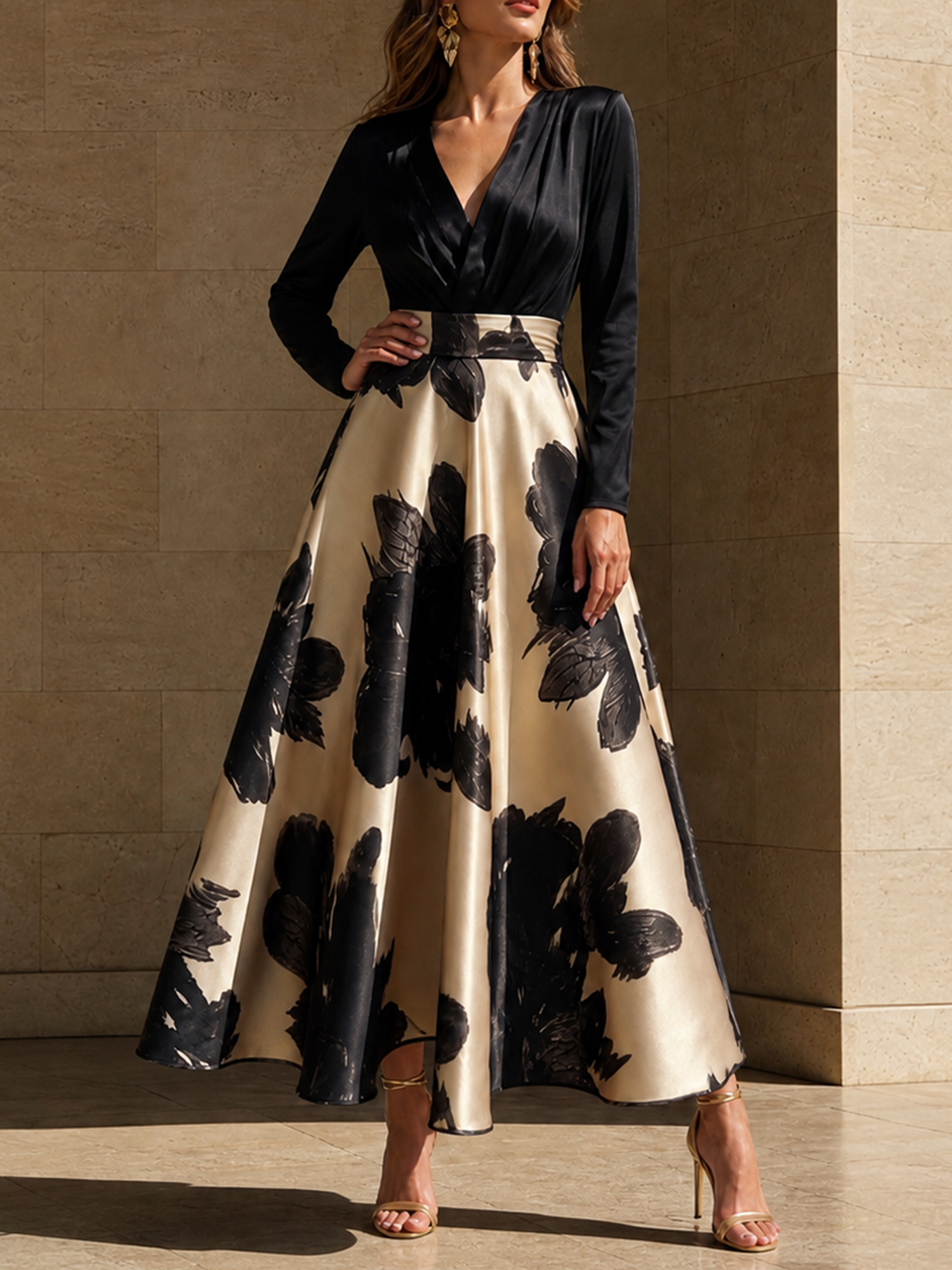 Black‑Gold Floral Print Satin V‑Neck Long Sleeve Midi A‑Line Evening Gown